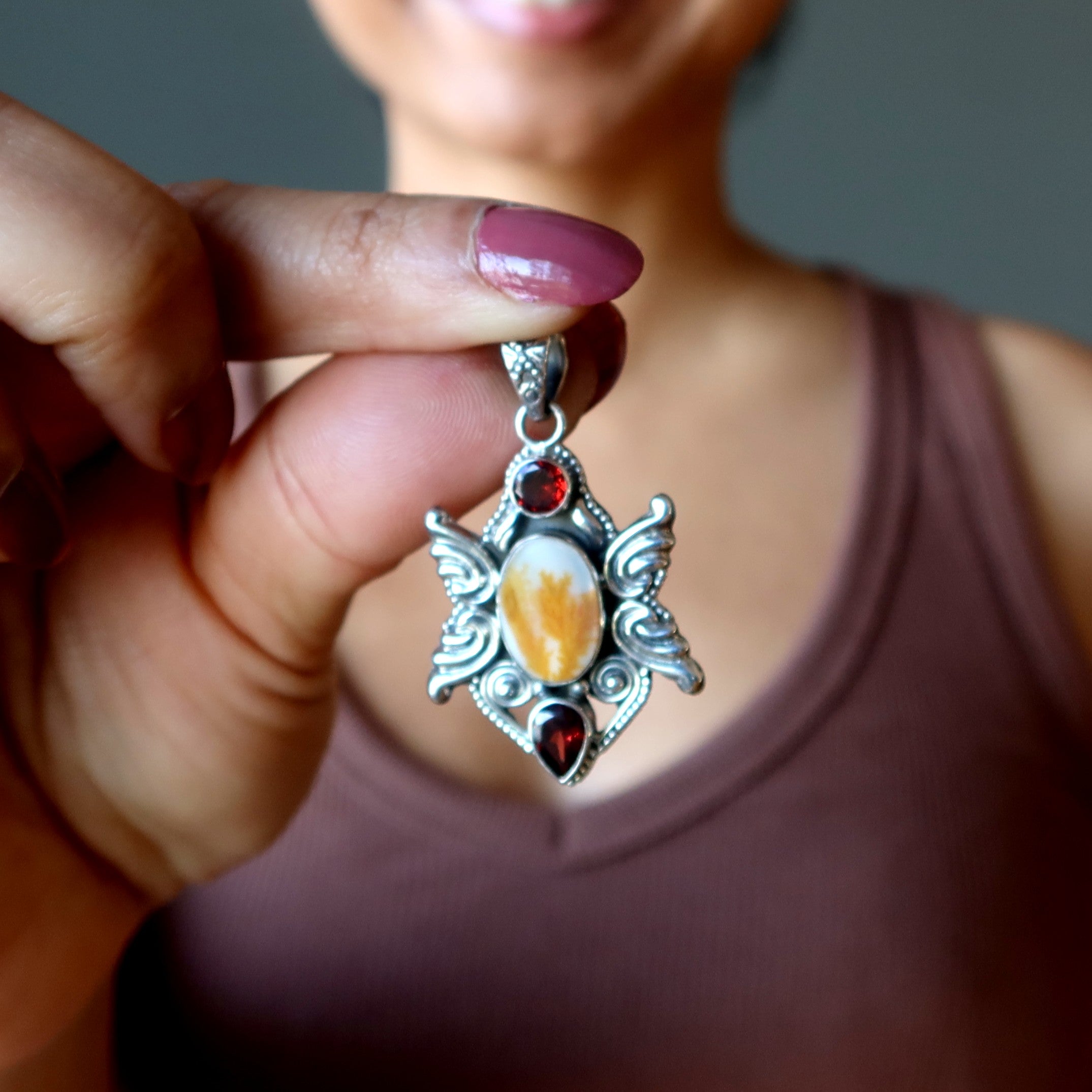 Pendentif Agate Dendritique Envole-toi plus haut Grenat Argent Sterling