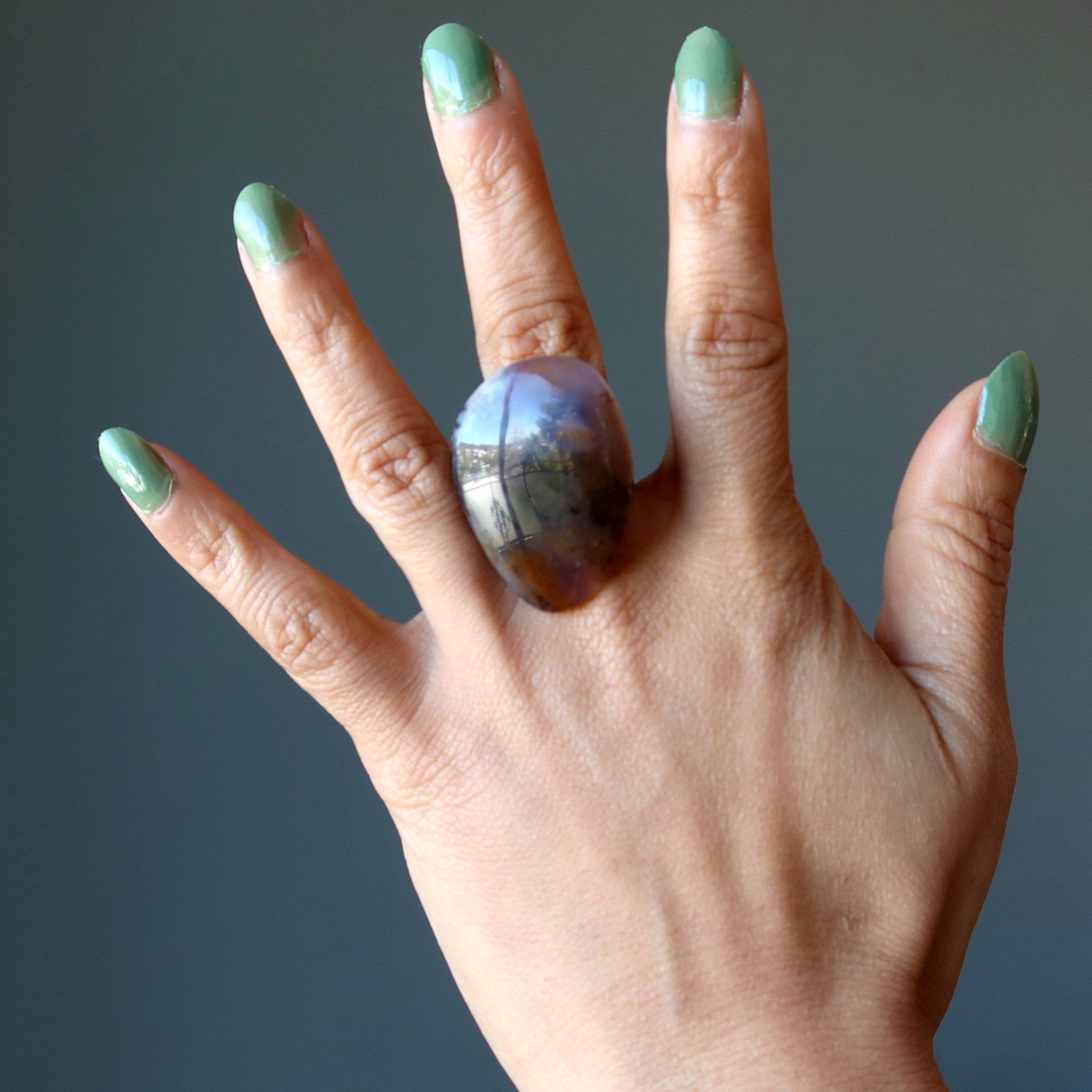 Dendritic Agate Ring Sea Antiqued Bronze Adjustable
