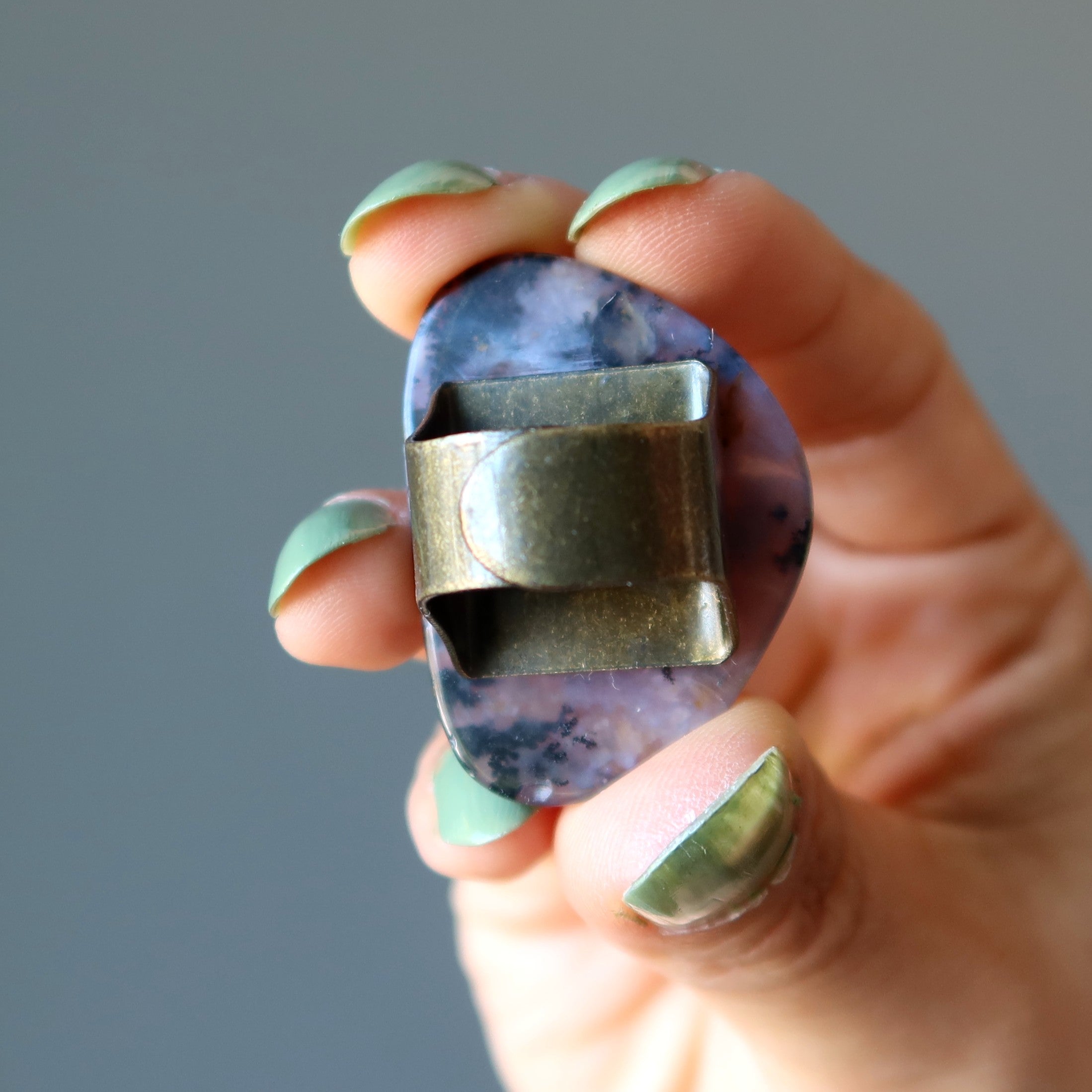 Dendritic Agate Ring Sea Antiqued Bronze Adjustable