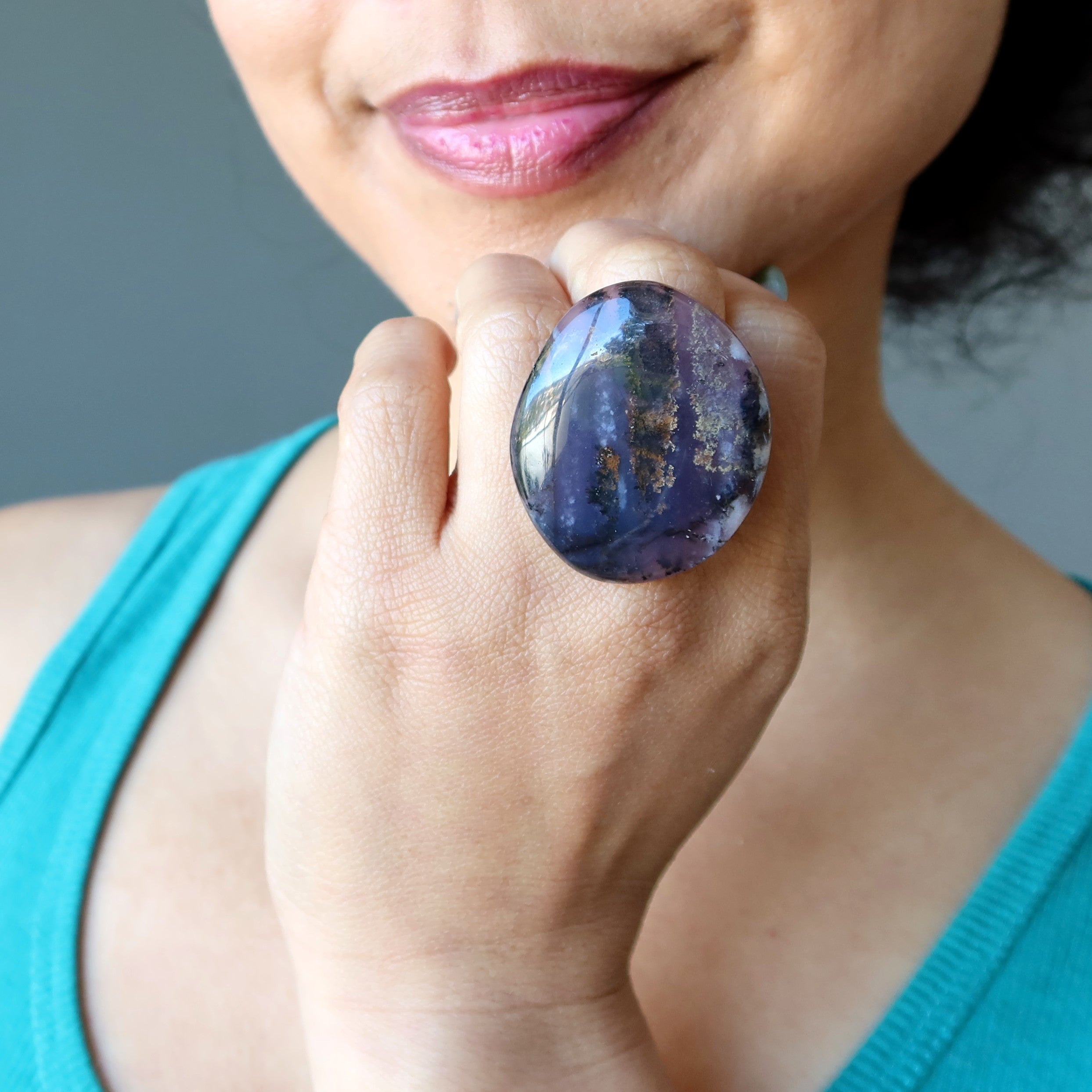 Dendritic Agate Ring Deep Purple Bronze Adjustable