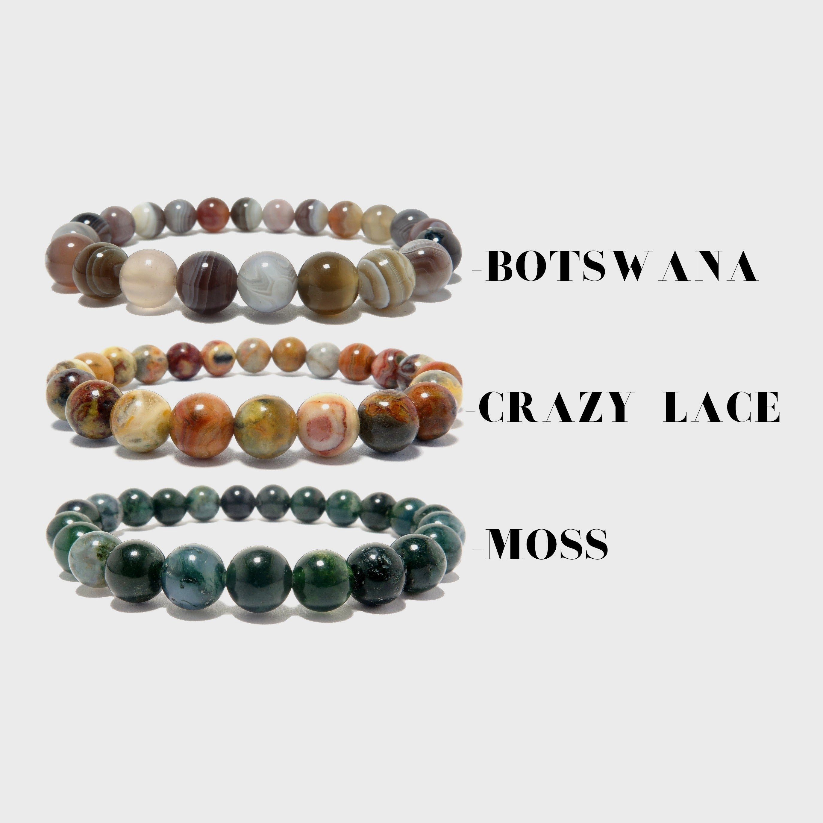 Agate Bracelet Set: Botswana, Crazy Lace & Moss Stone Trio
