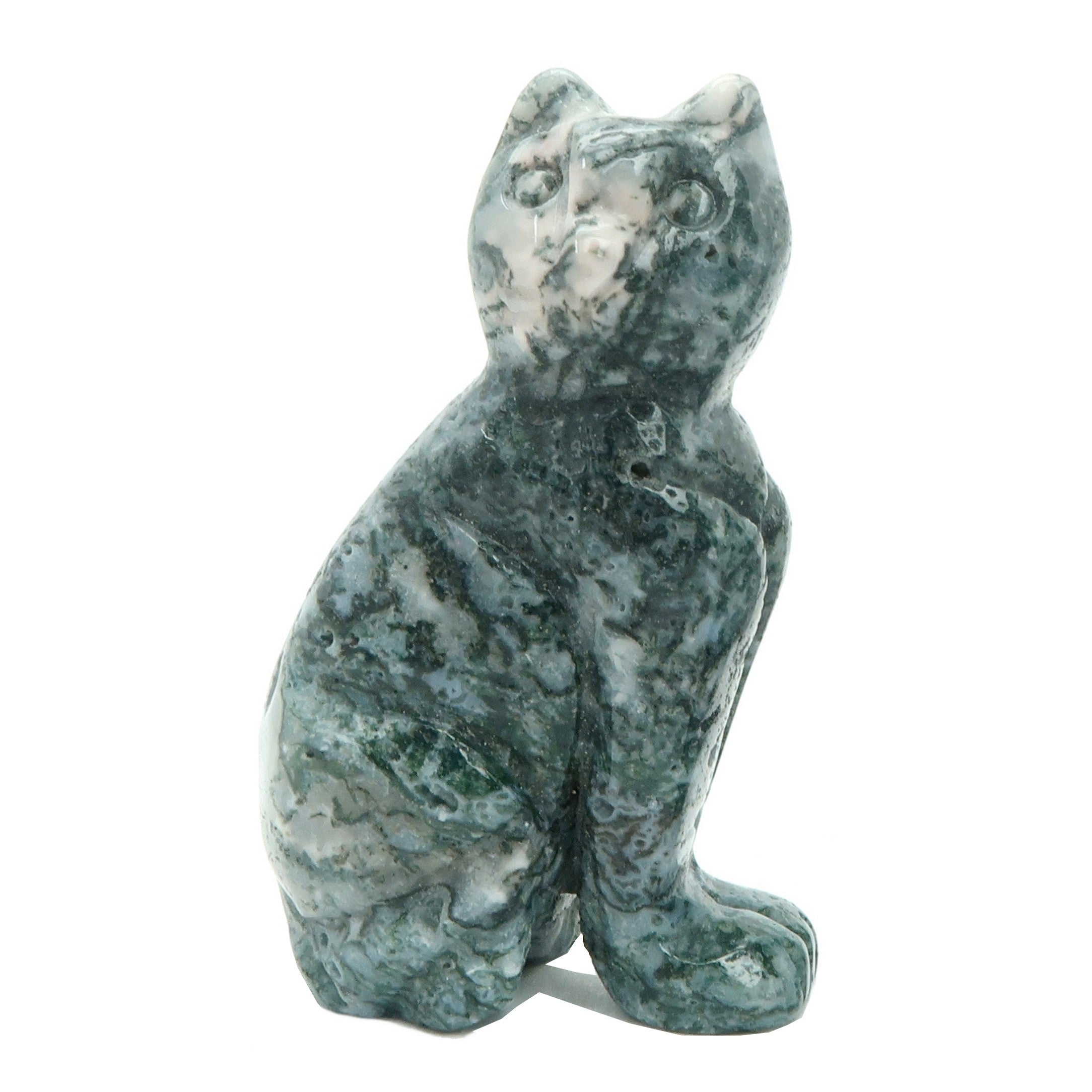 Figurine de chat gardien de la forêt verte en agate mousse