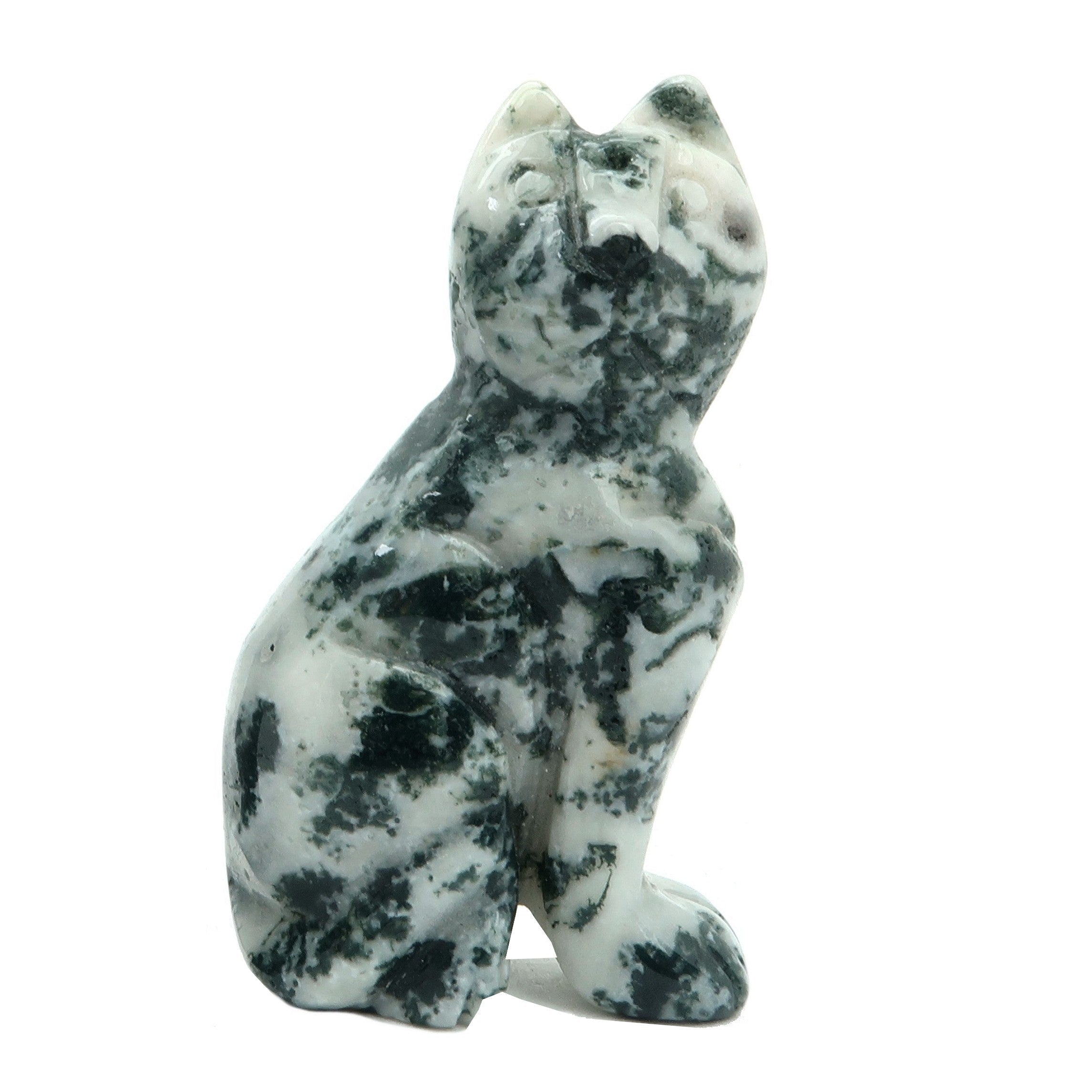 Figurine de chat gardien de la forêt verte en agate mousse