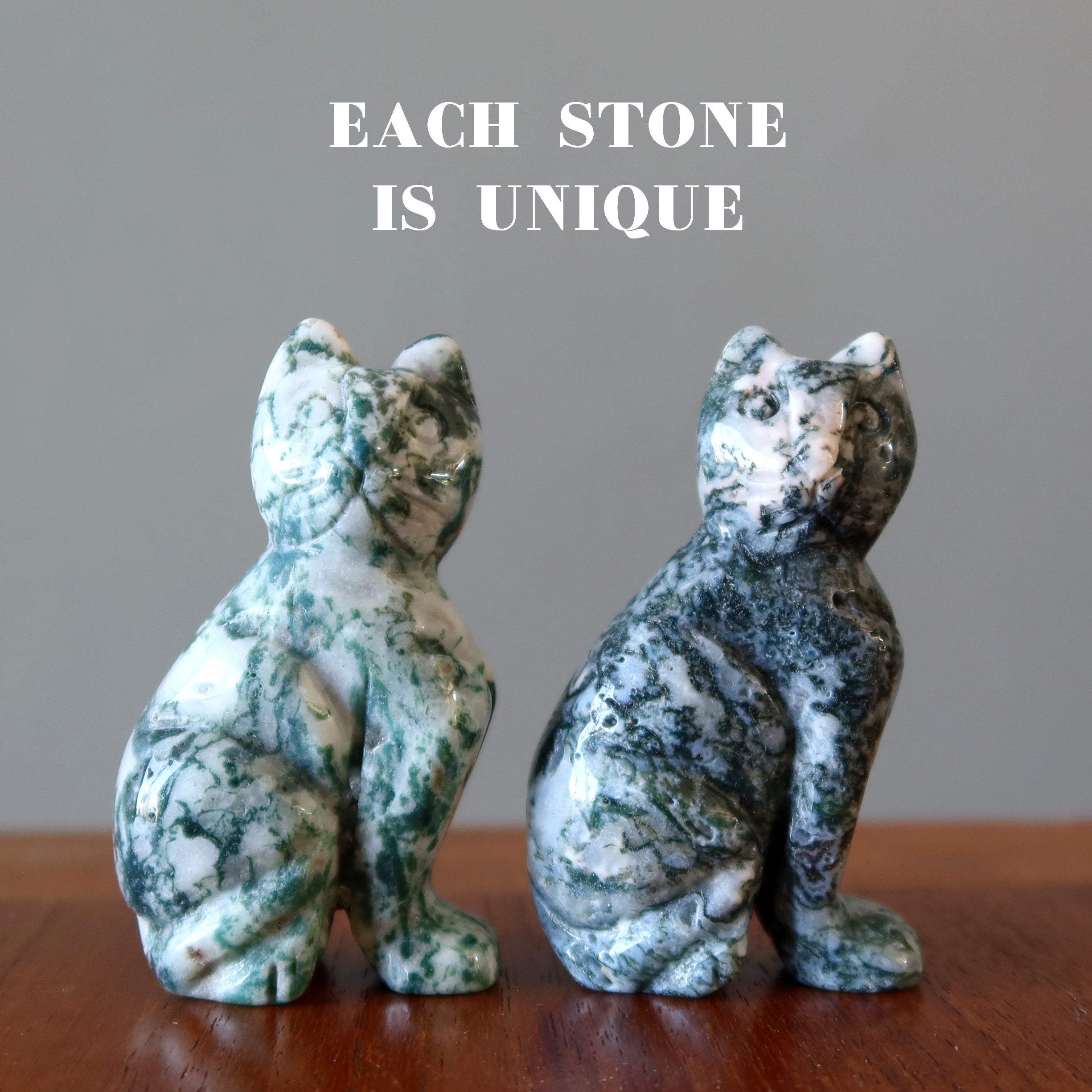 Figurine de chat gardien de la forêt verte en agate mousse