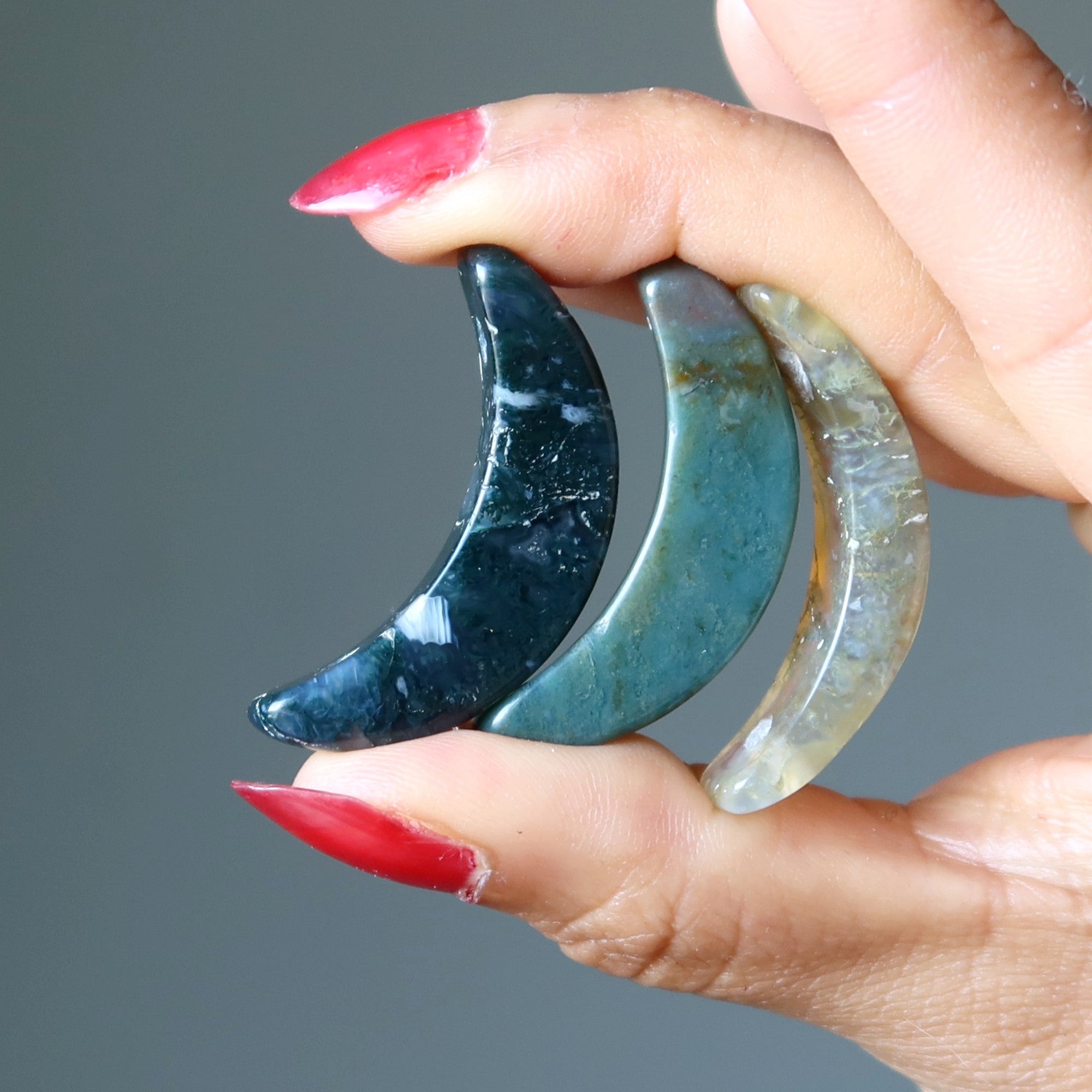 Moss Agate Grid Crystal Set of 3 Moon Pendants