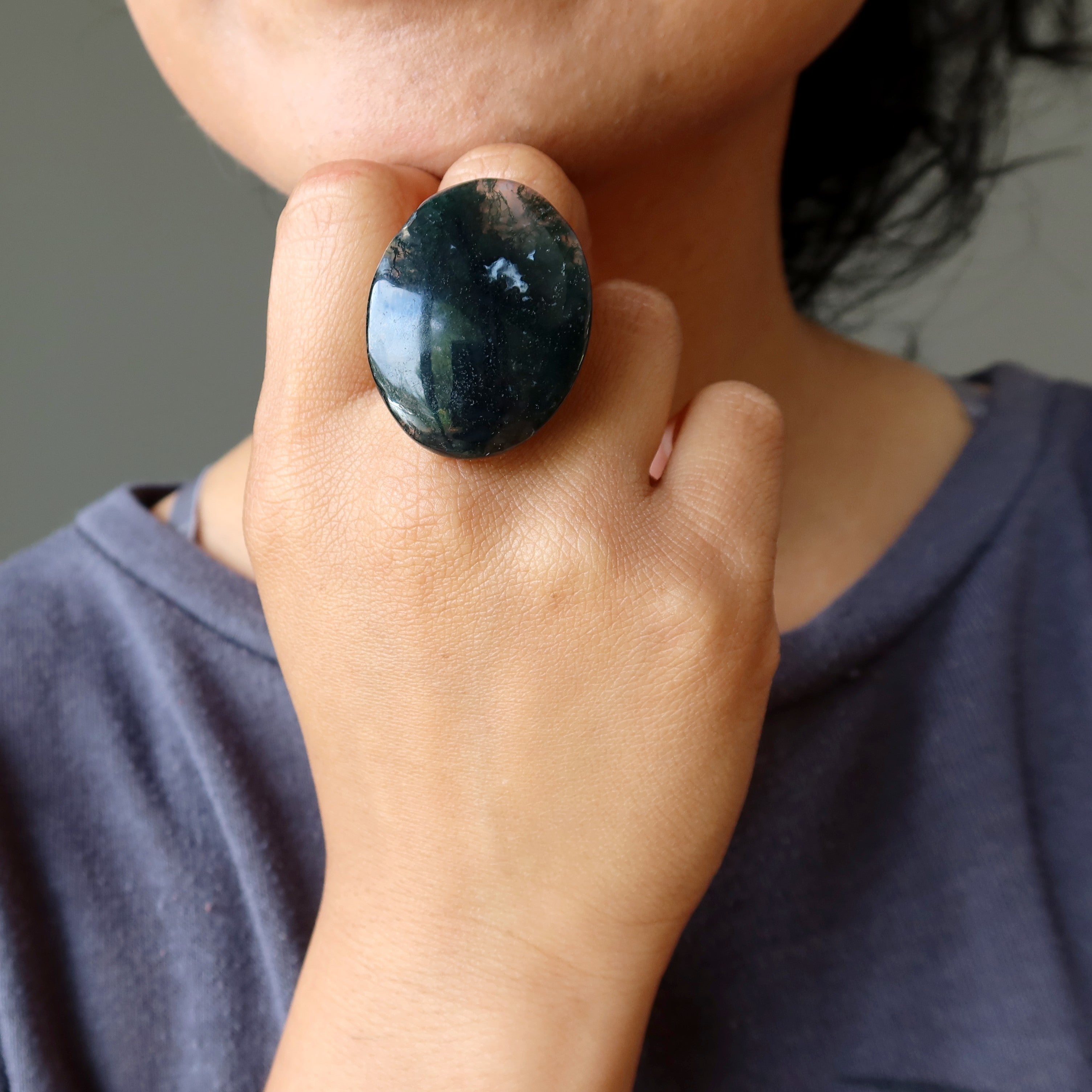 Moss Agate Ring Green Forest Finger Bronze Adjustable