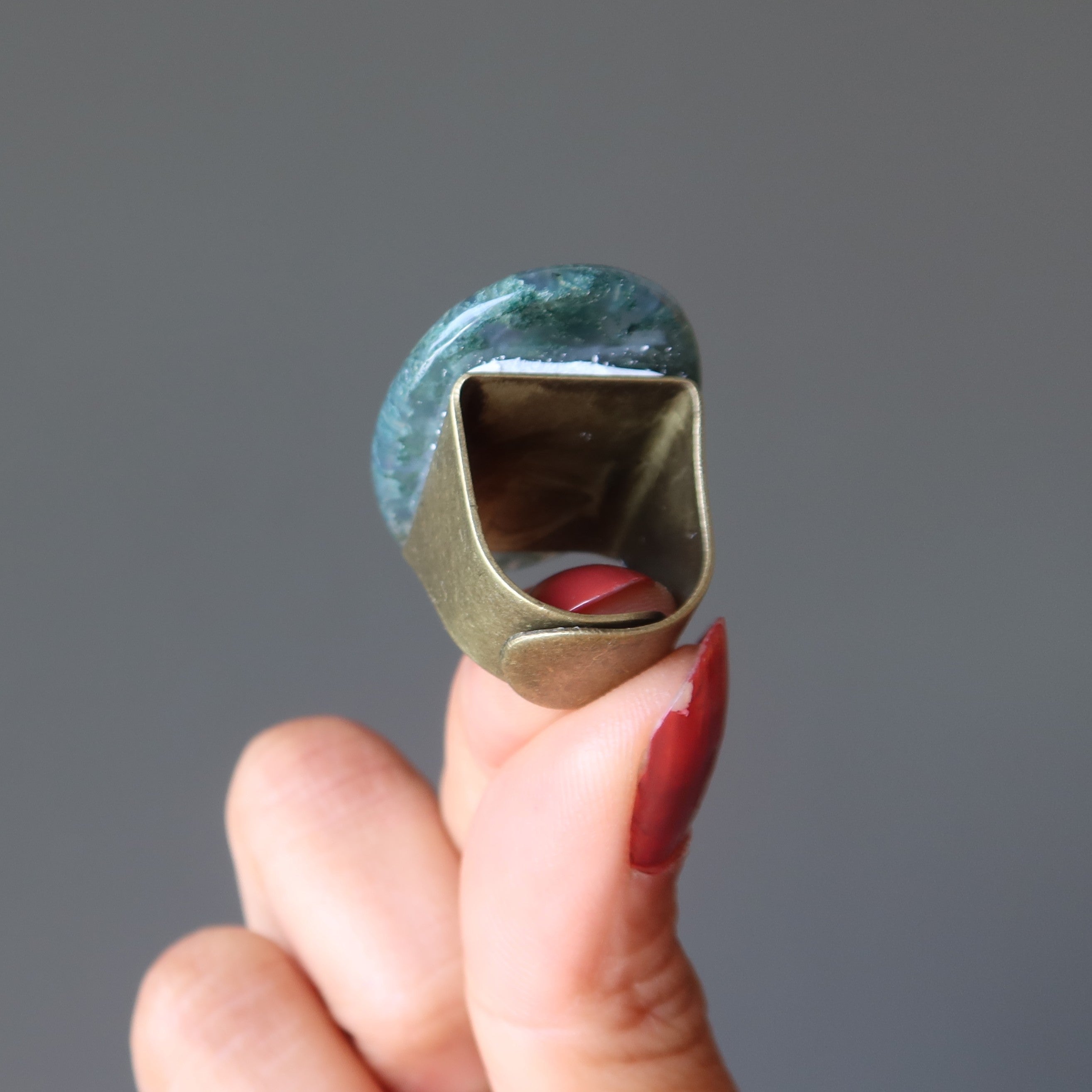 Moss Agate Ring Green Forest Finger Bronze Adjustable