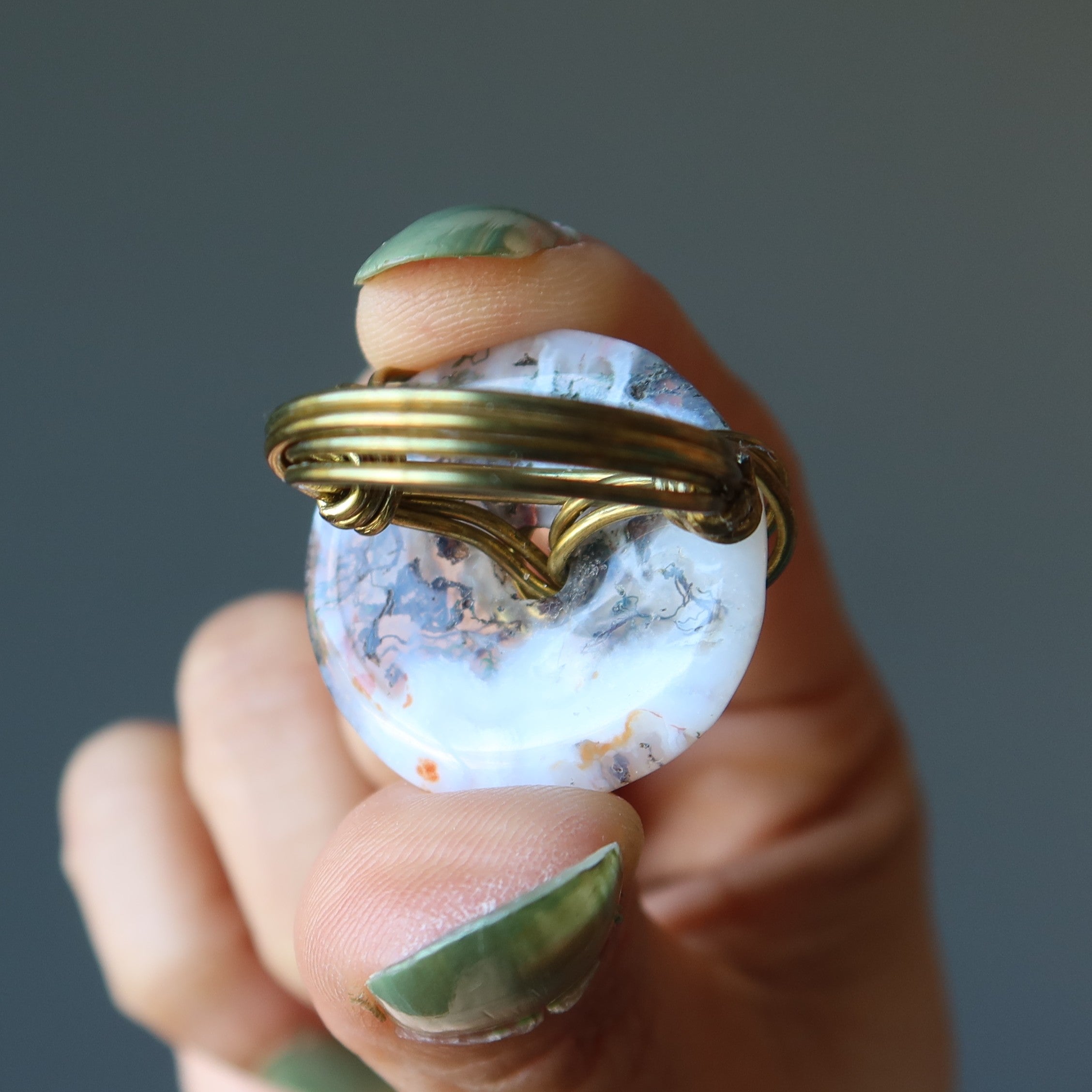 Moss Agate Ring White Friendship Circle Gold Size 7.0