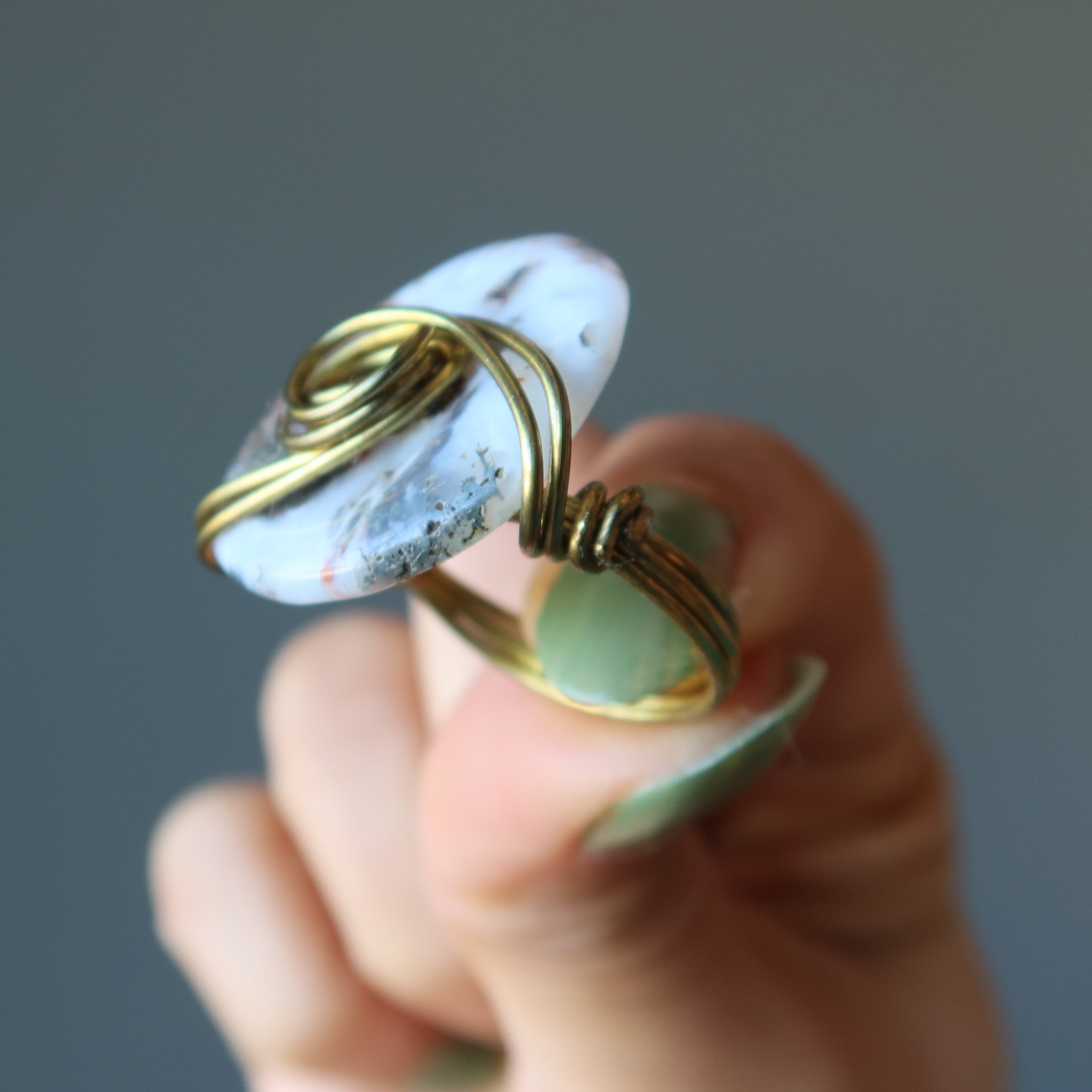 Moss Agate Ring White Friendship Circle Gold Size 7.0