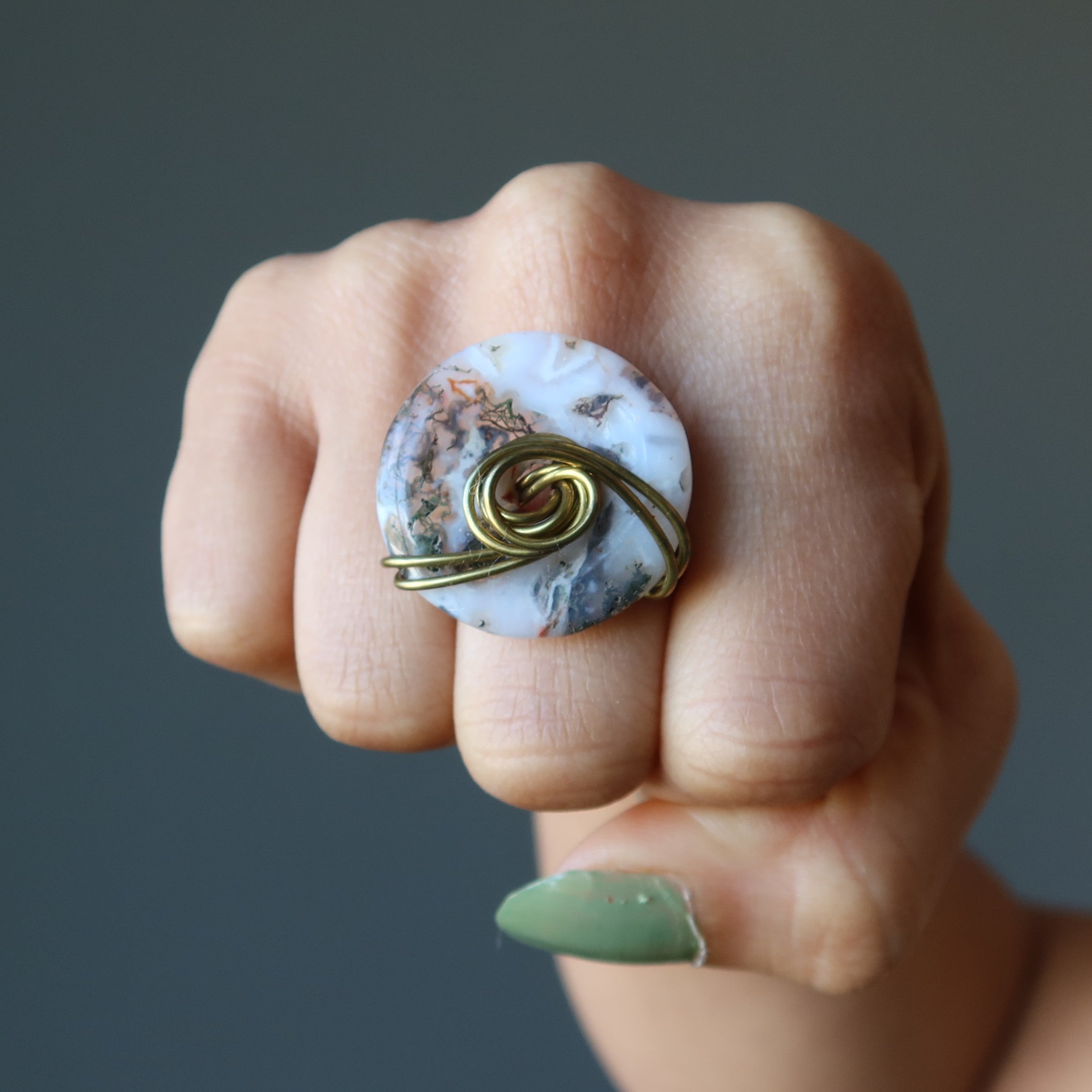 Moss Agate Ring White Friendship Circle Gold Size 7.0