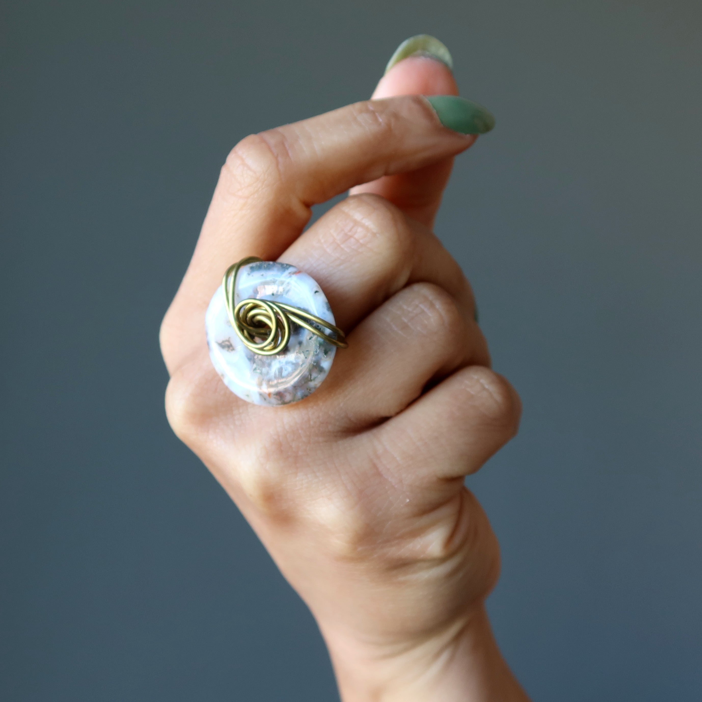 Moss Agate Ring White Friendship Circle Gold Size 7.0