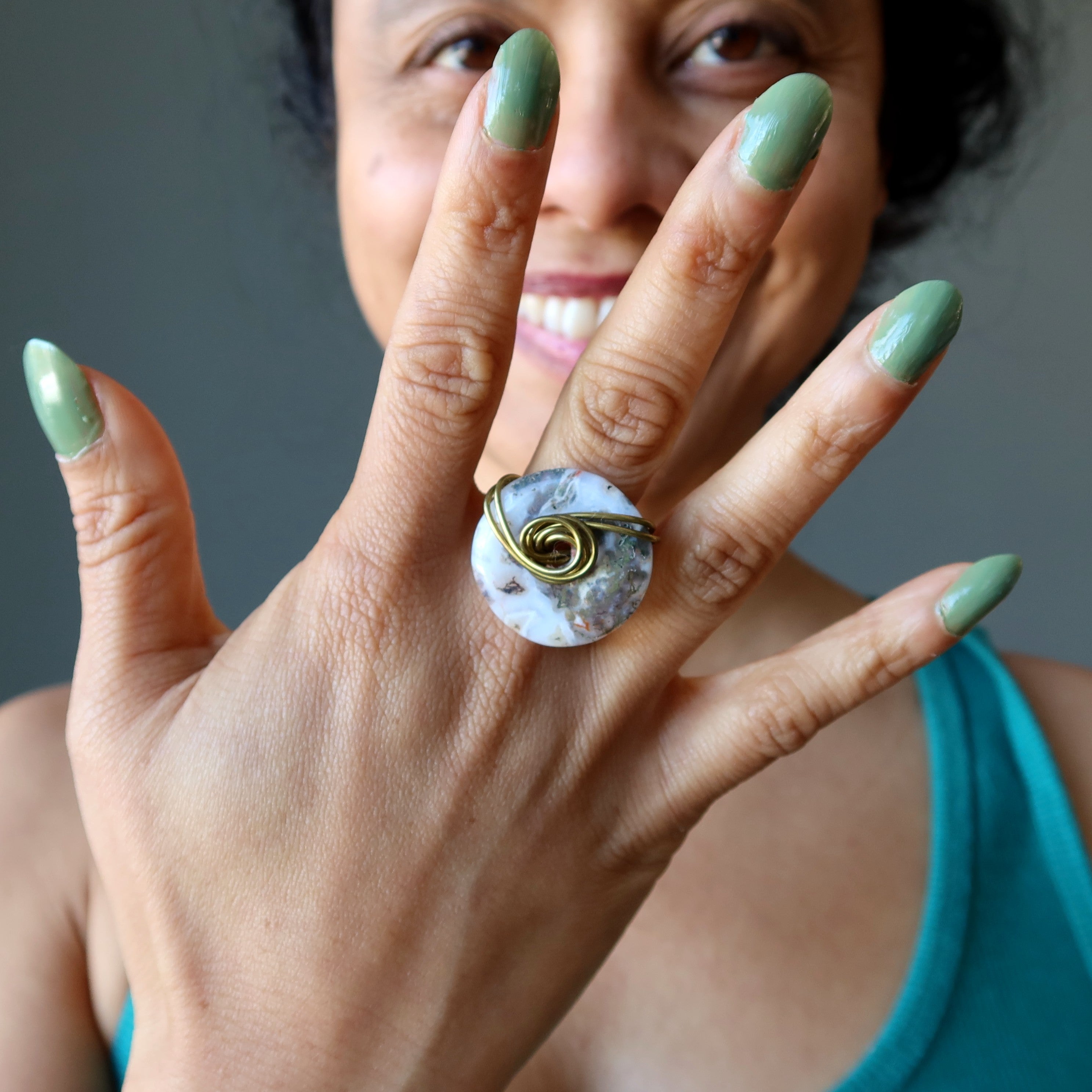 Moss Agate Ring White Friendship Circle Gold Size 7.0