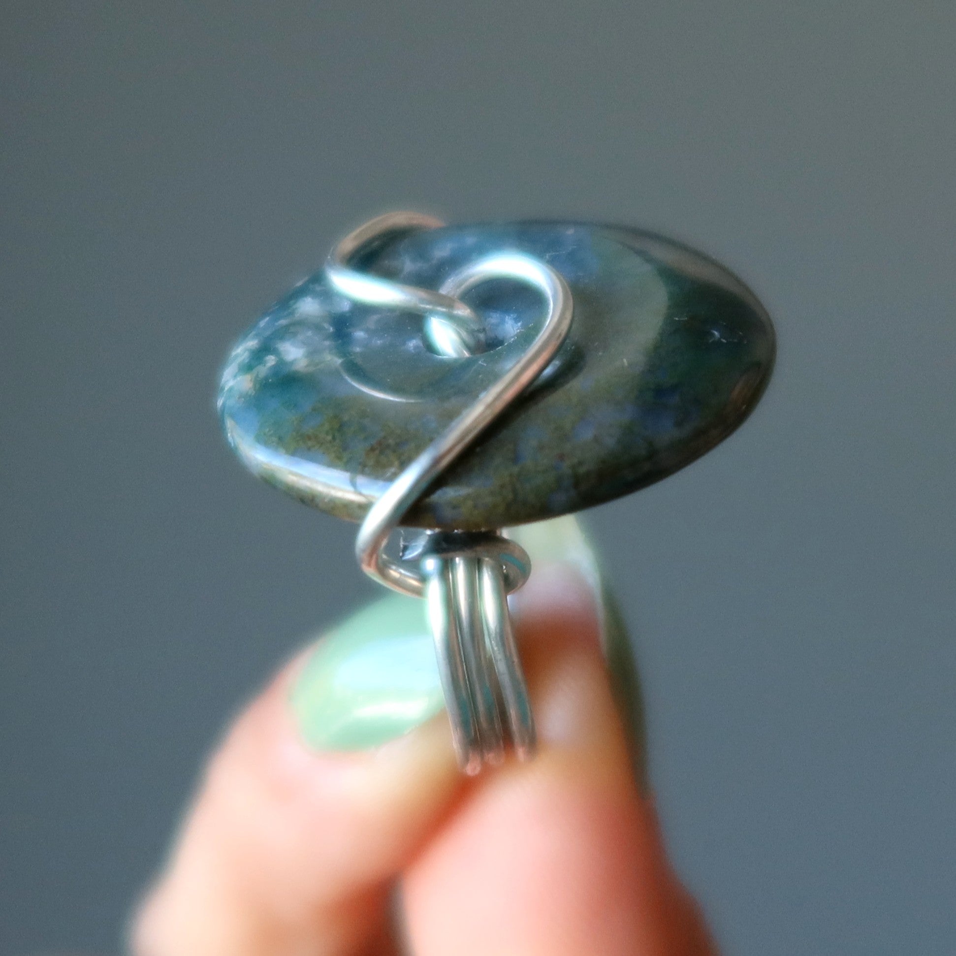 Moss Agate Ring Green Forest Donut Gem Silver Size 5.5