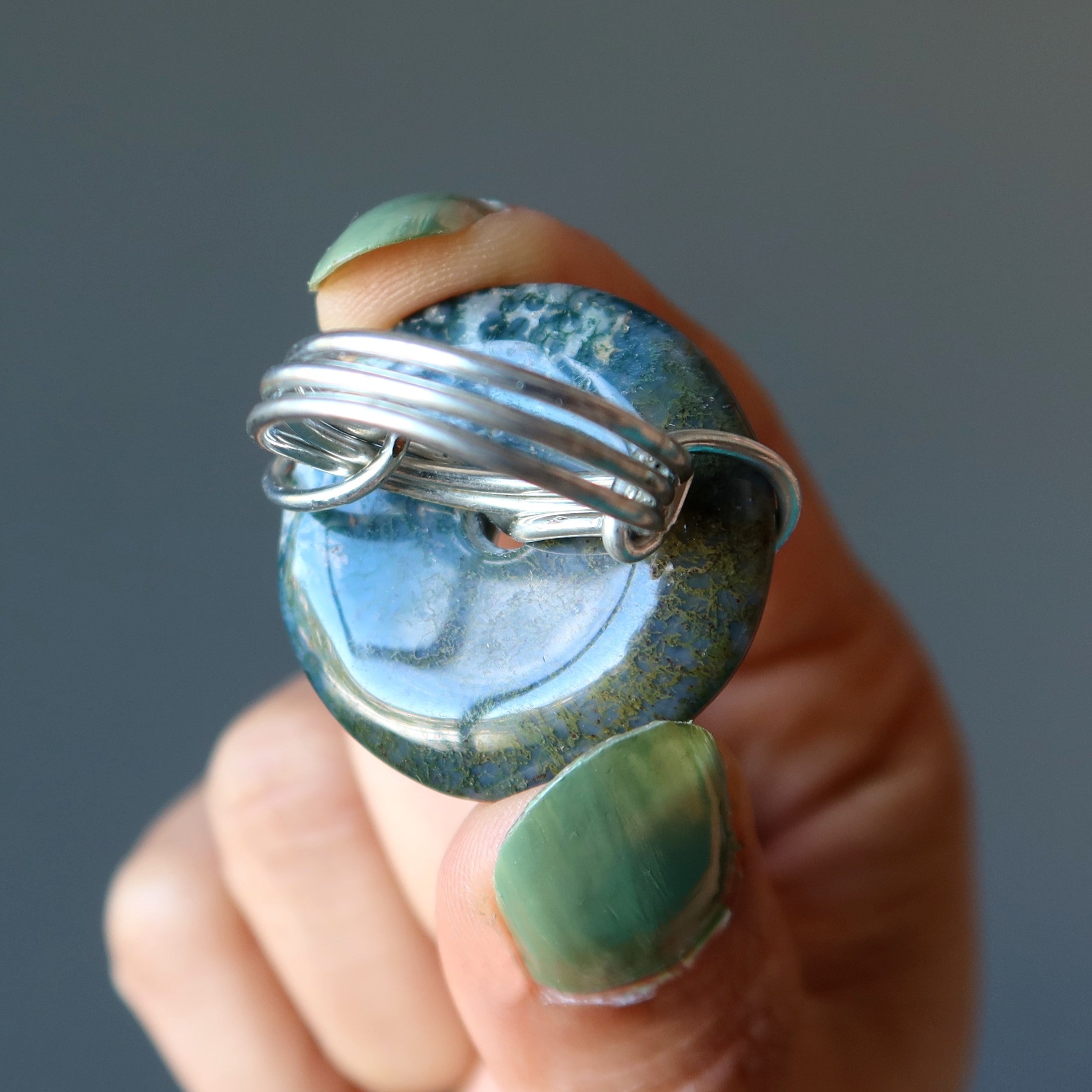 Moss Agate Ring Green Forest Donut Gem Silver Size 5.5