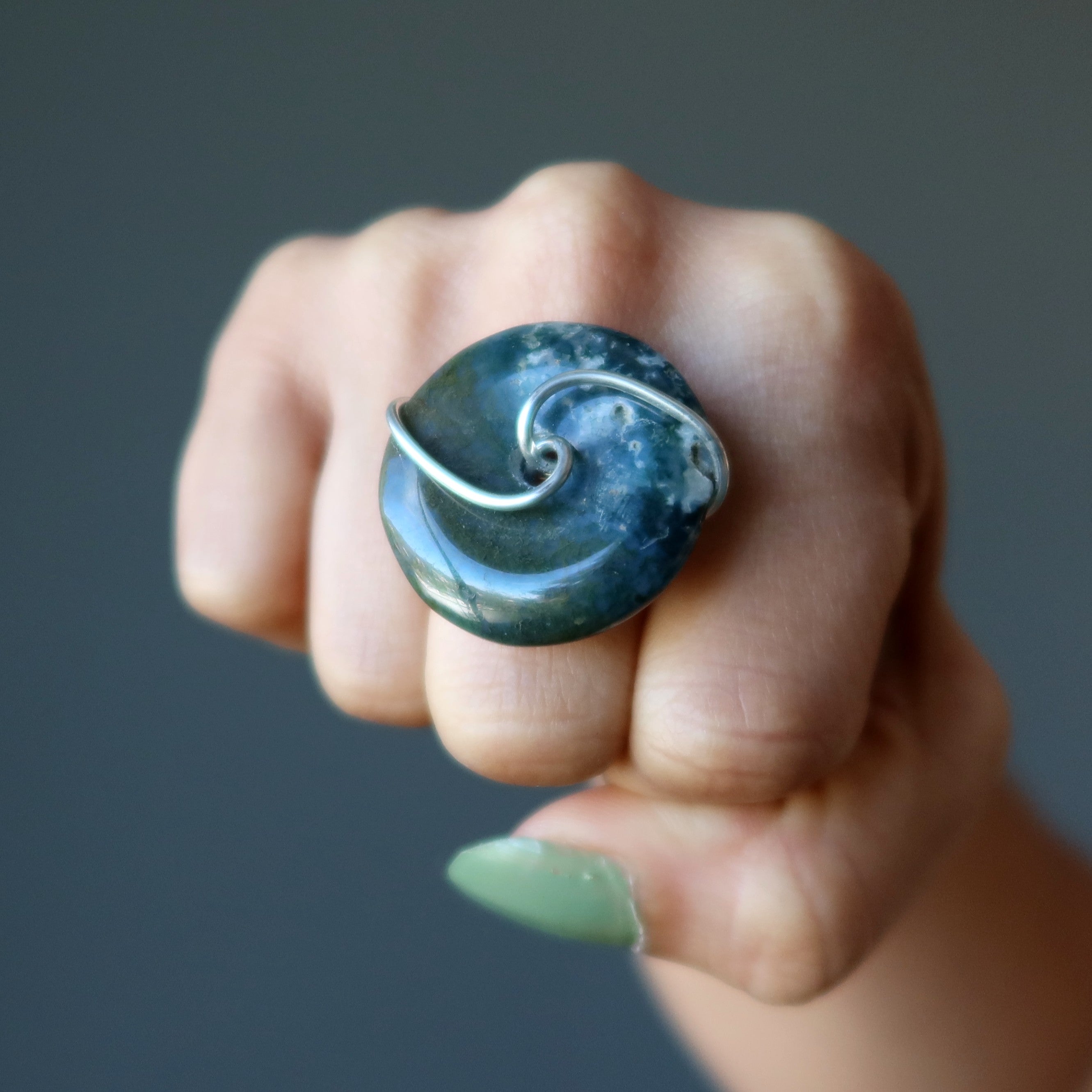 Moss Agate Ring Green Forest Donut Gem Silver Size 5.5