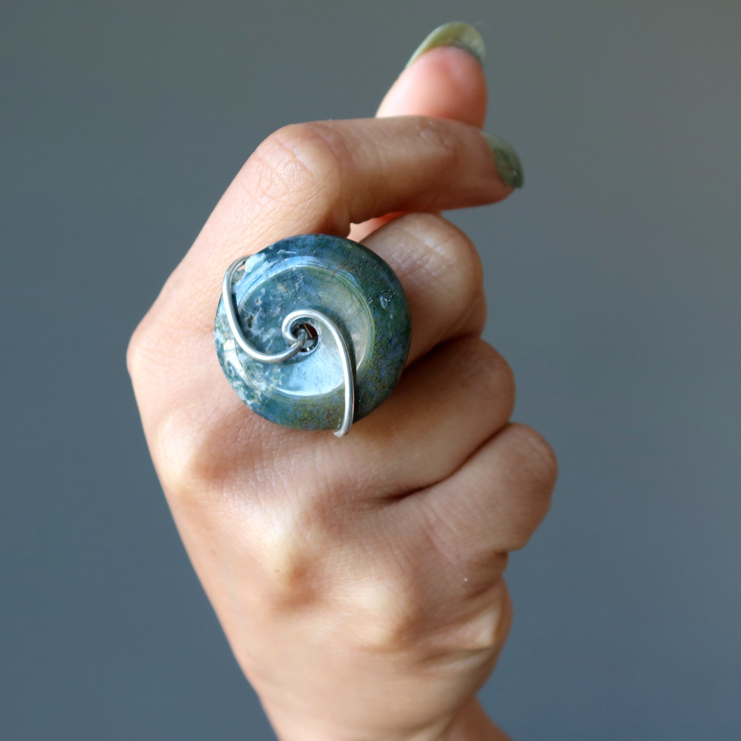 Moss Agate Ring Green Forest Donut Gem Silver Size 5.5