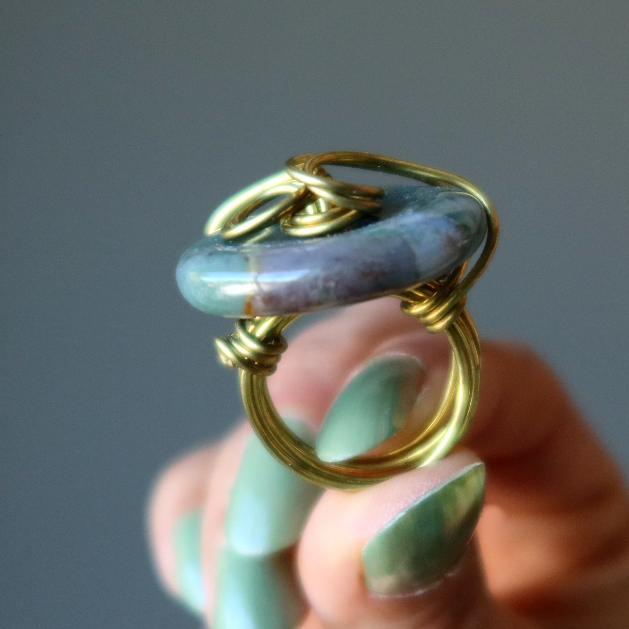 Moss Agate Ring Earth Energy Donut Gold Size 6.25