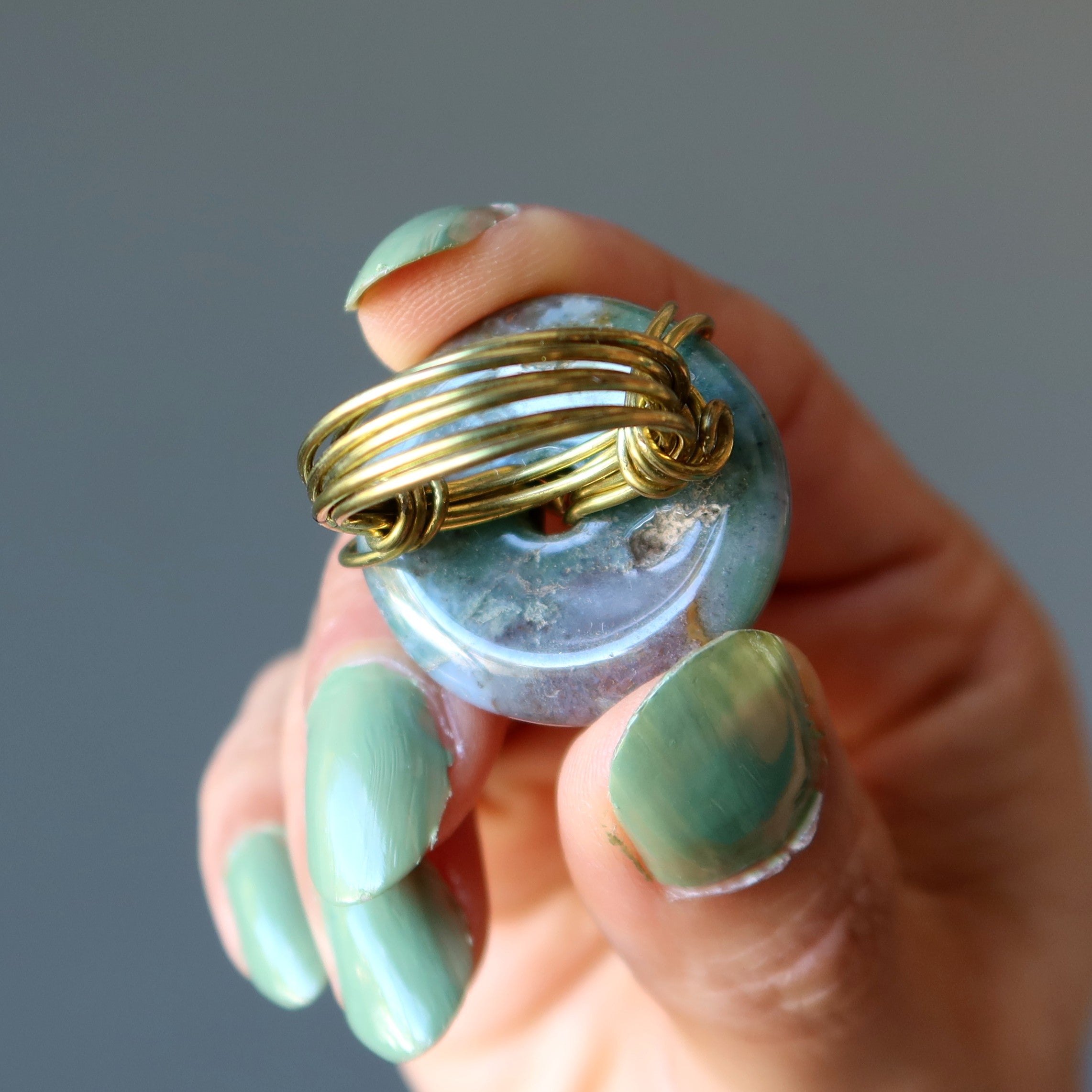 Moss Agate Ring Earth Energy Donut Gold Size 6.25