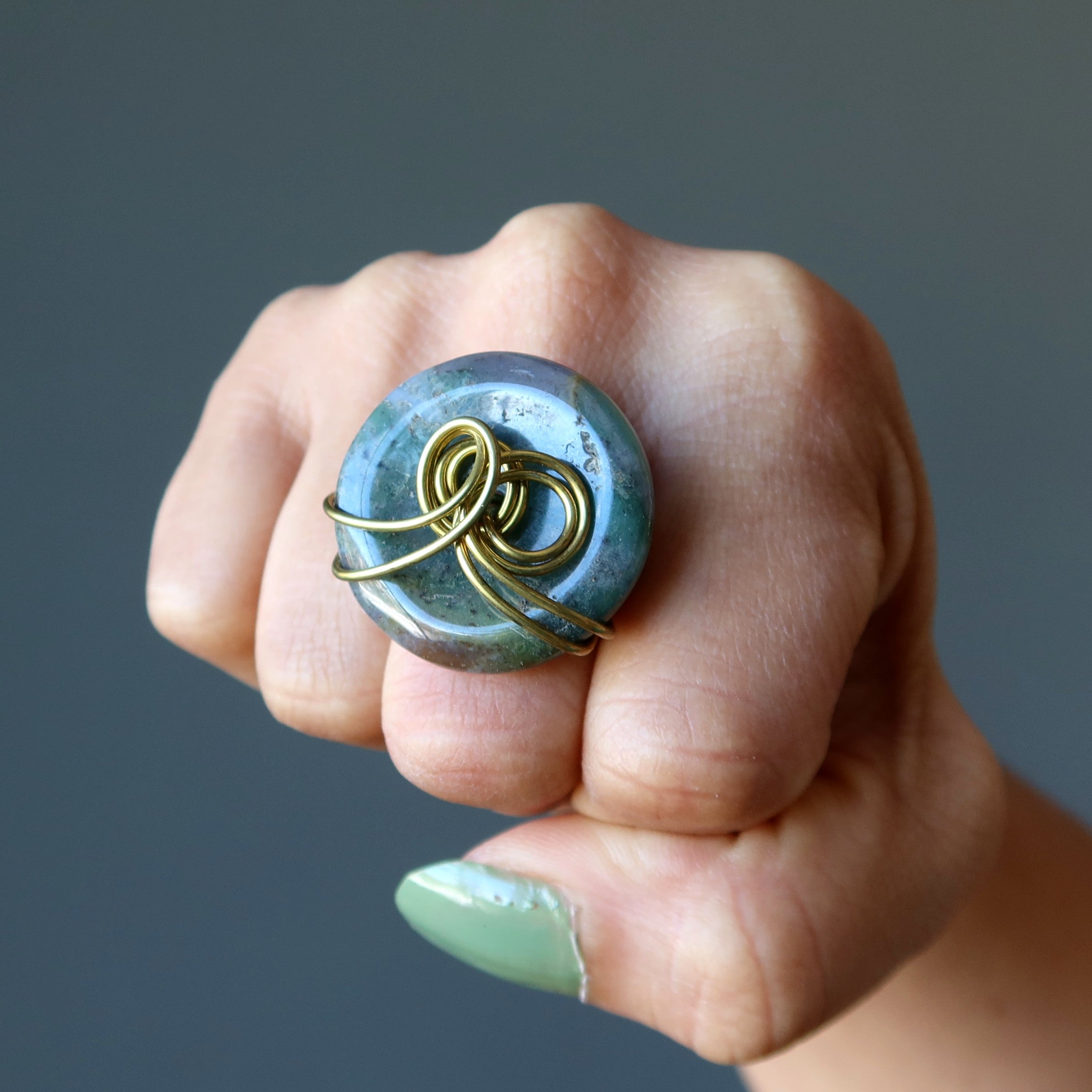 Moss Agate Ring Earth Energy Donut Gold Size 6.25