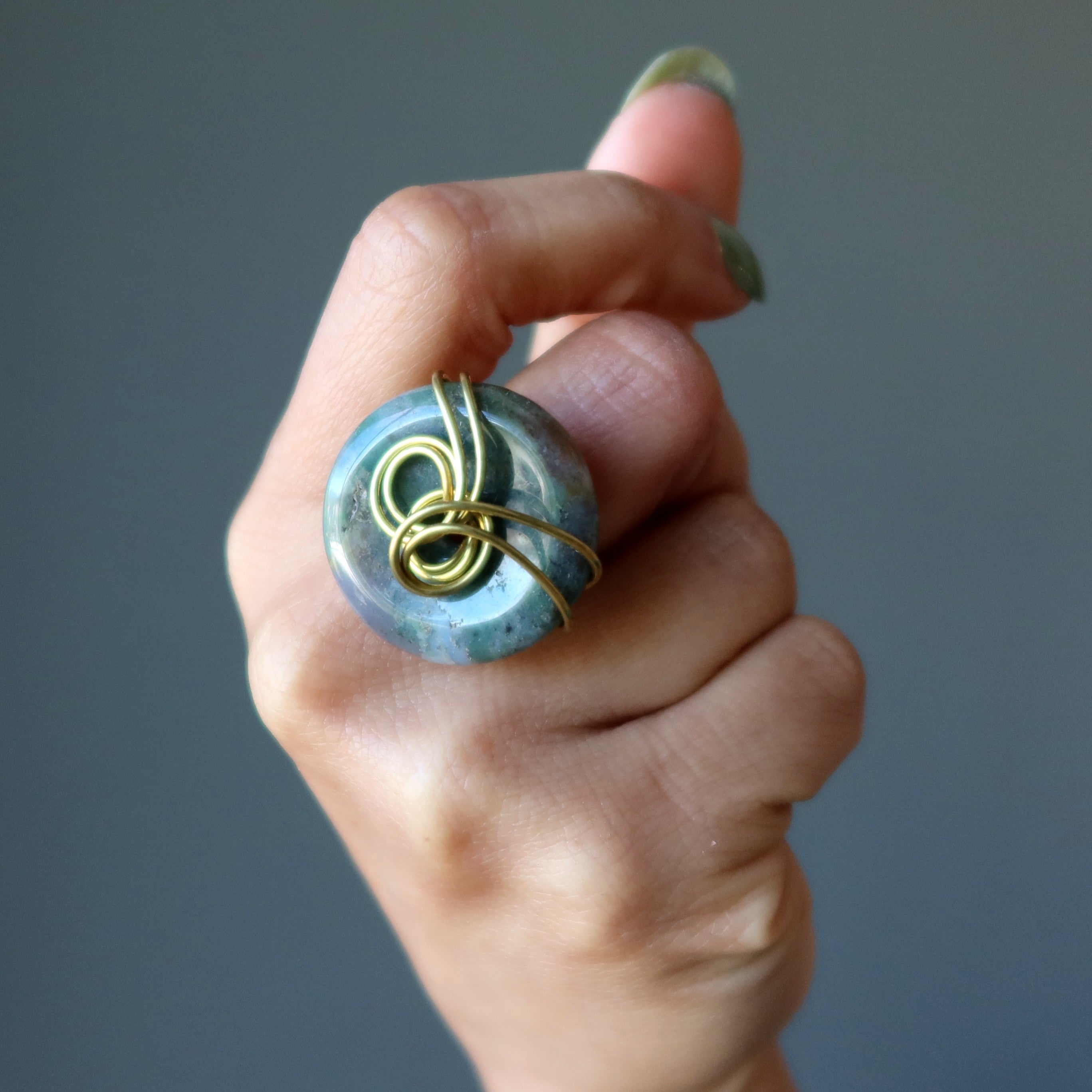 Moss Agate Ring Earth Energy Donut Gold Size 6.25
