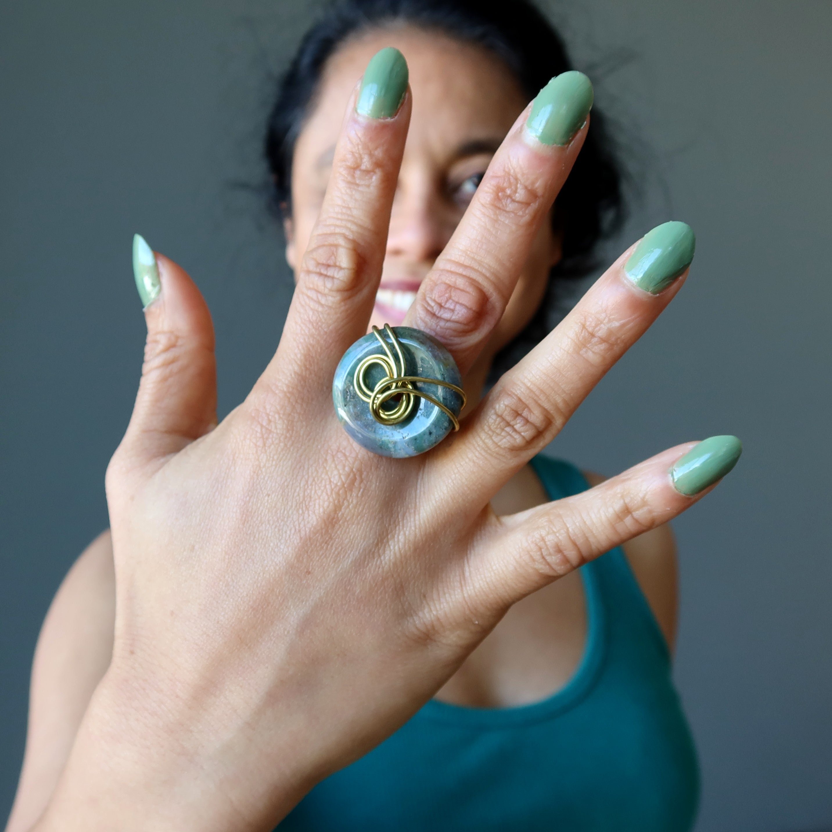 Moss Agate Ring Earth Energy Donut Gold Size 6.25