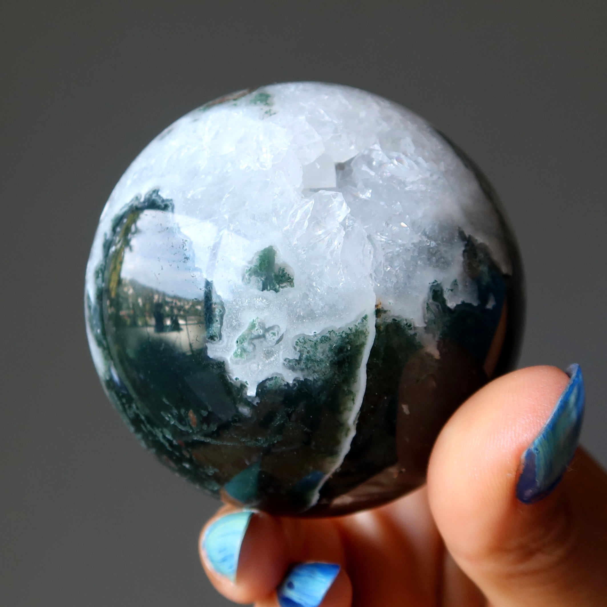 Moss Agate Sphere Flourishing Green White Crystal Ball