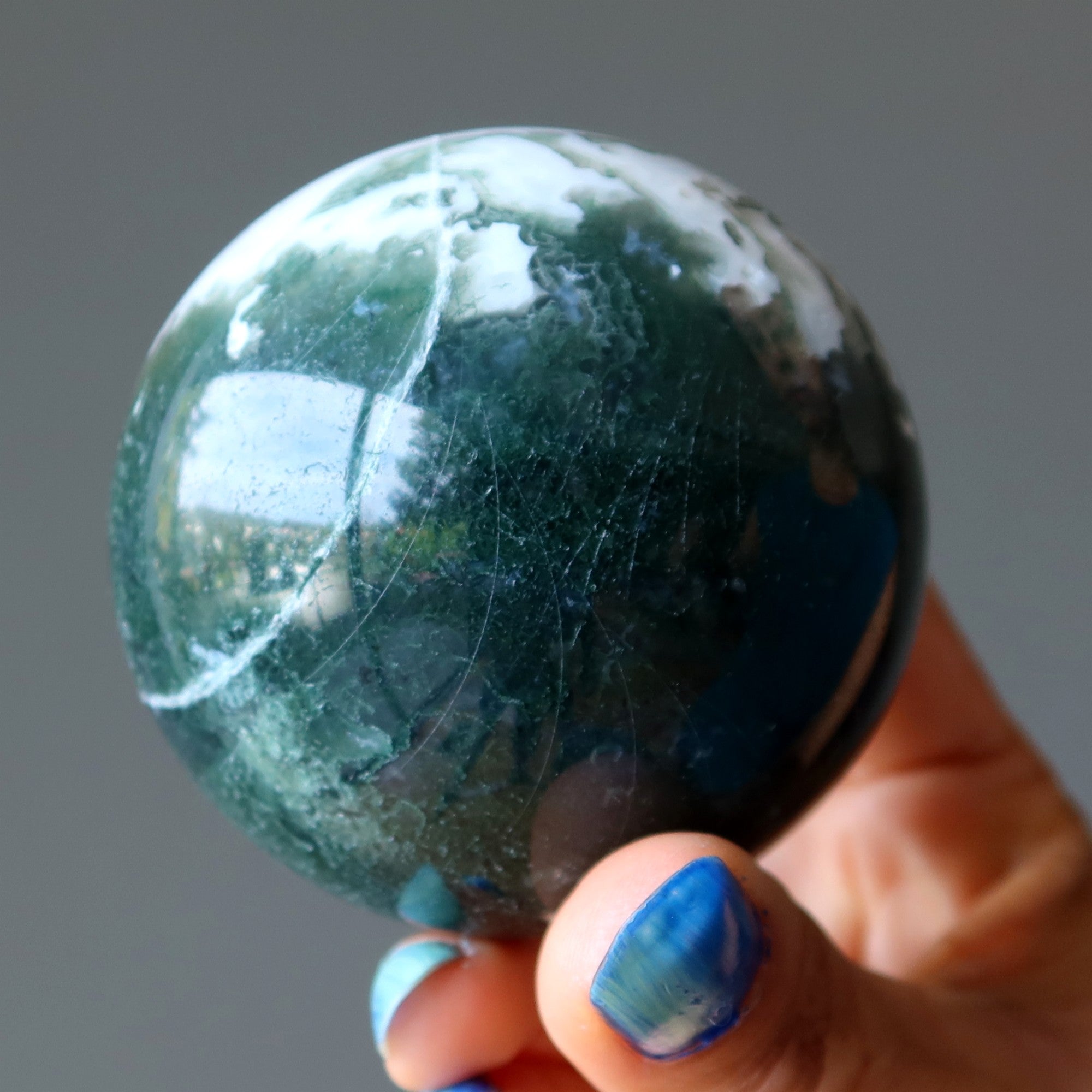 Moss Agate Sphere Flourishing Green White Crystal Ball