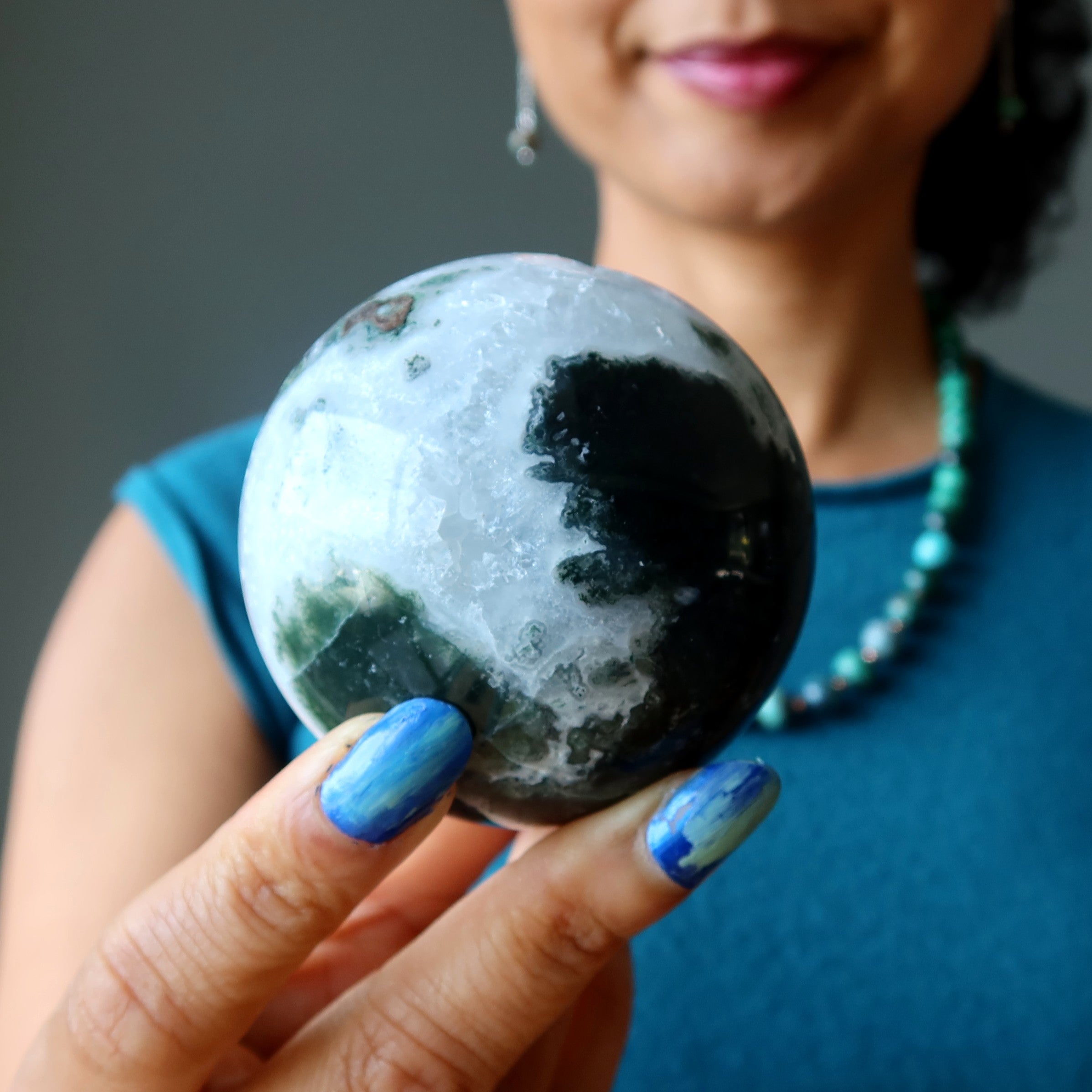 Moss Agate Sphere Flourishing Green White Crystal Ball