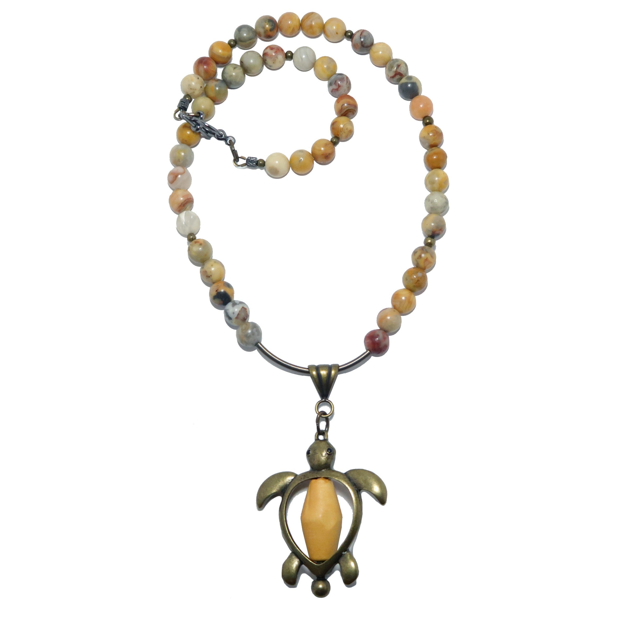 Crazy Lace Agate Necklace Yellow Turtle Wood Brass