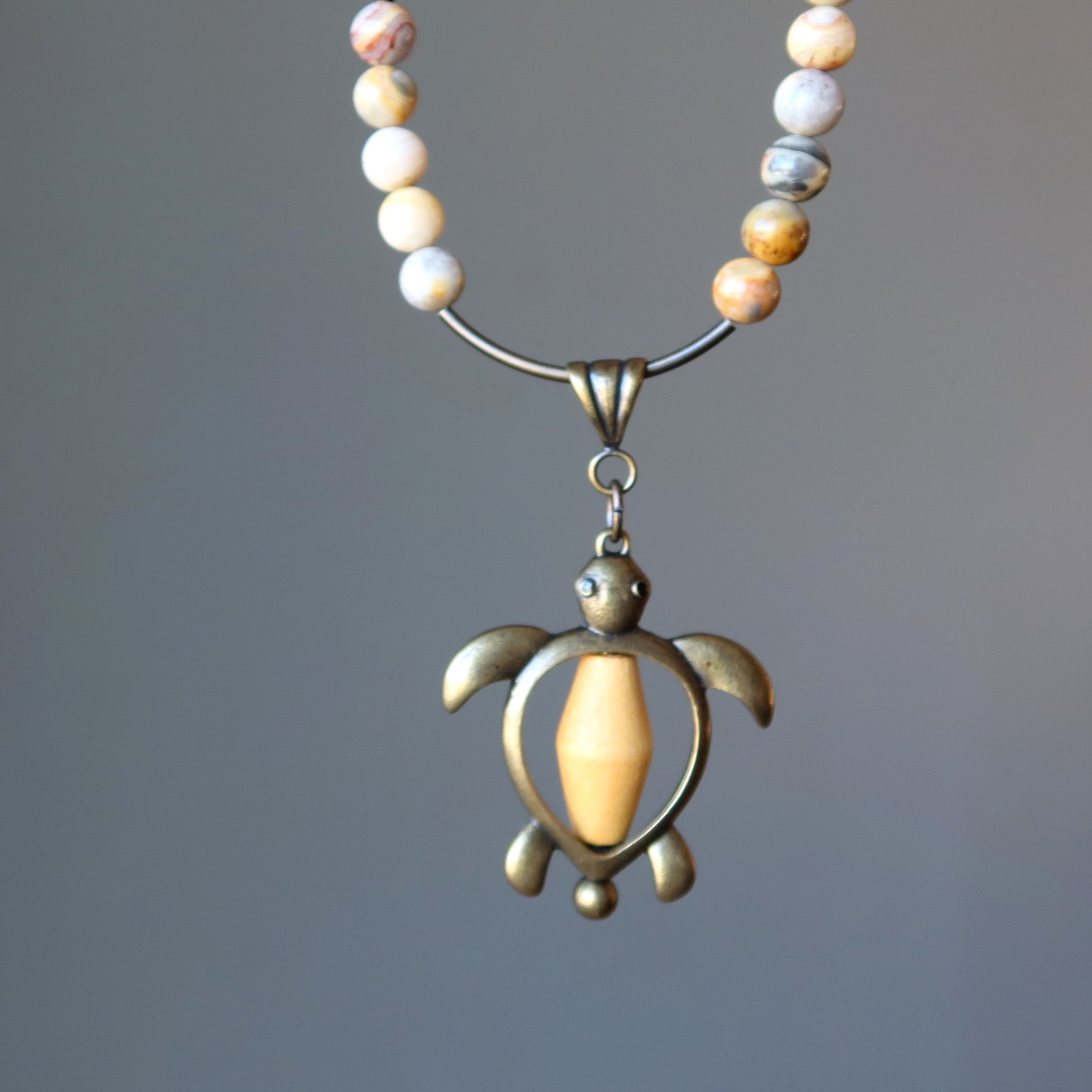 Crazy Lace Agate Necklace Yellow Turtle Wood Brass