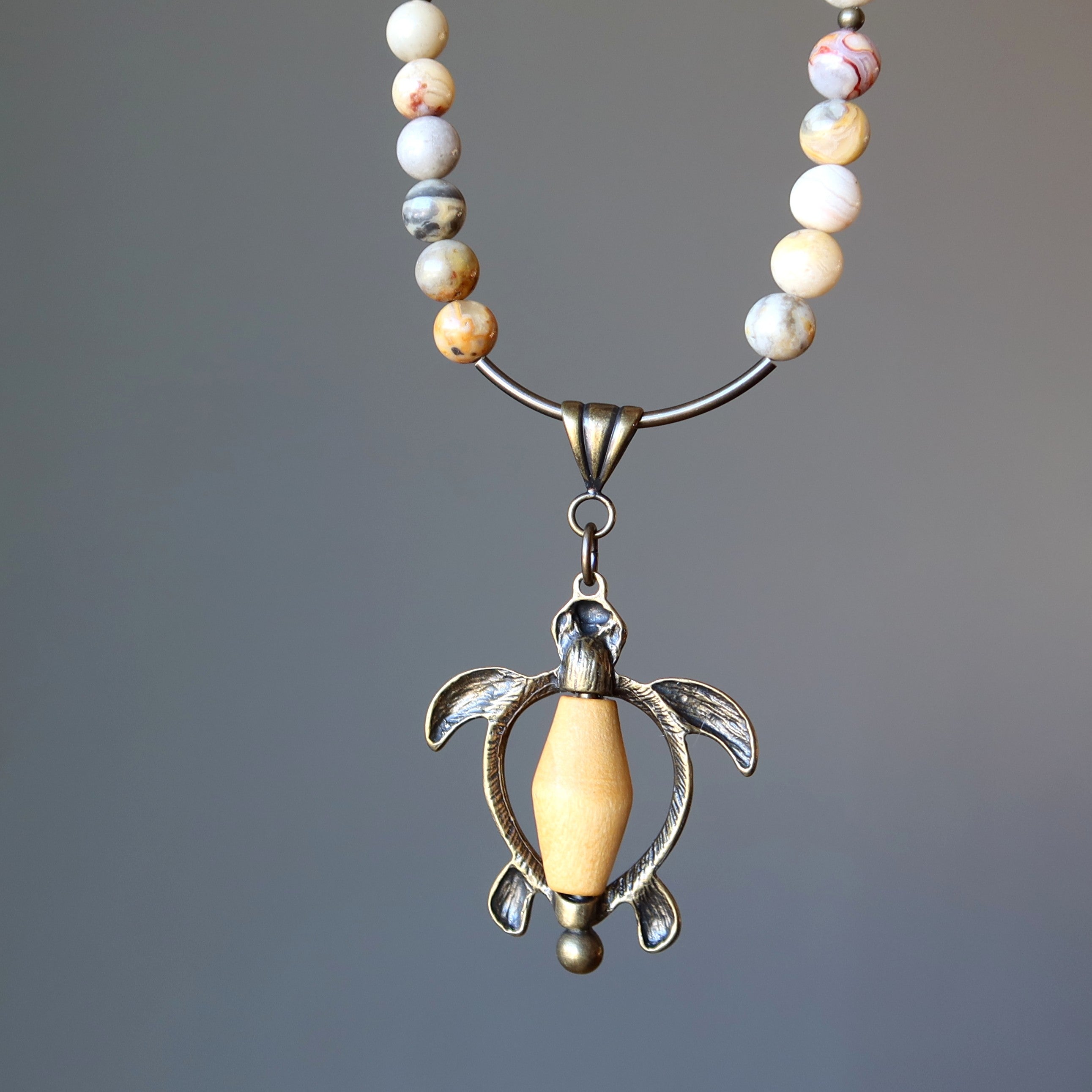 Crazy Lace Agate Necklace Yellow Turtle Wood Brass