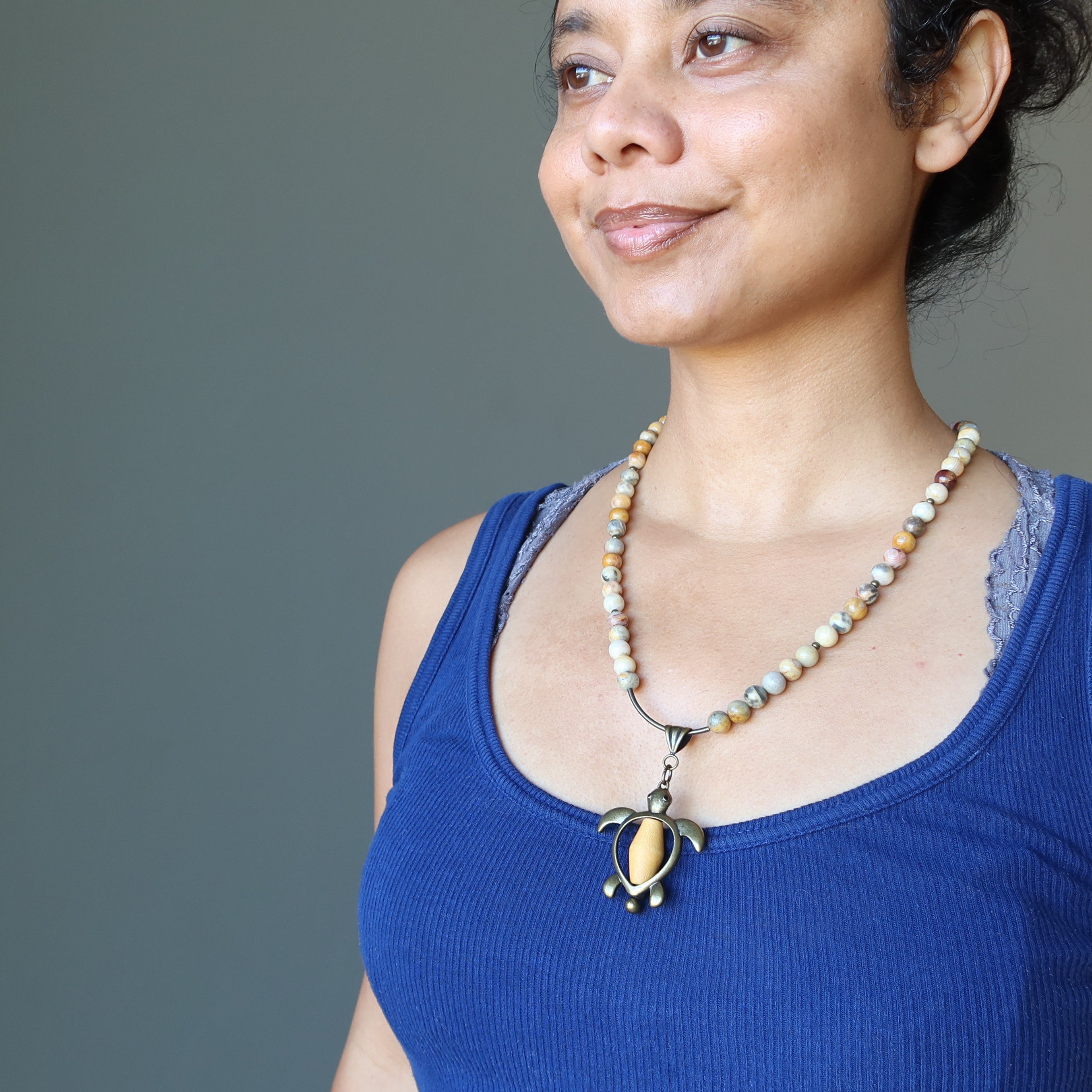 Crazy Lace Agate Necklace Yellow Turtle Wood Brass