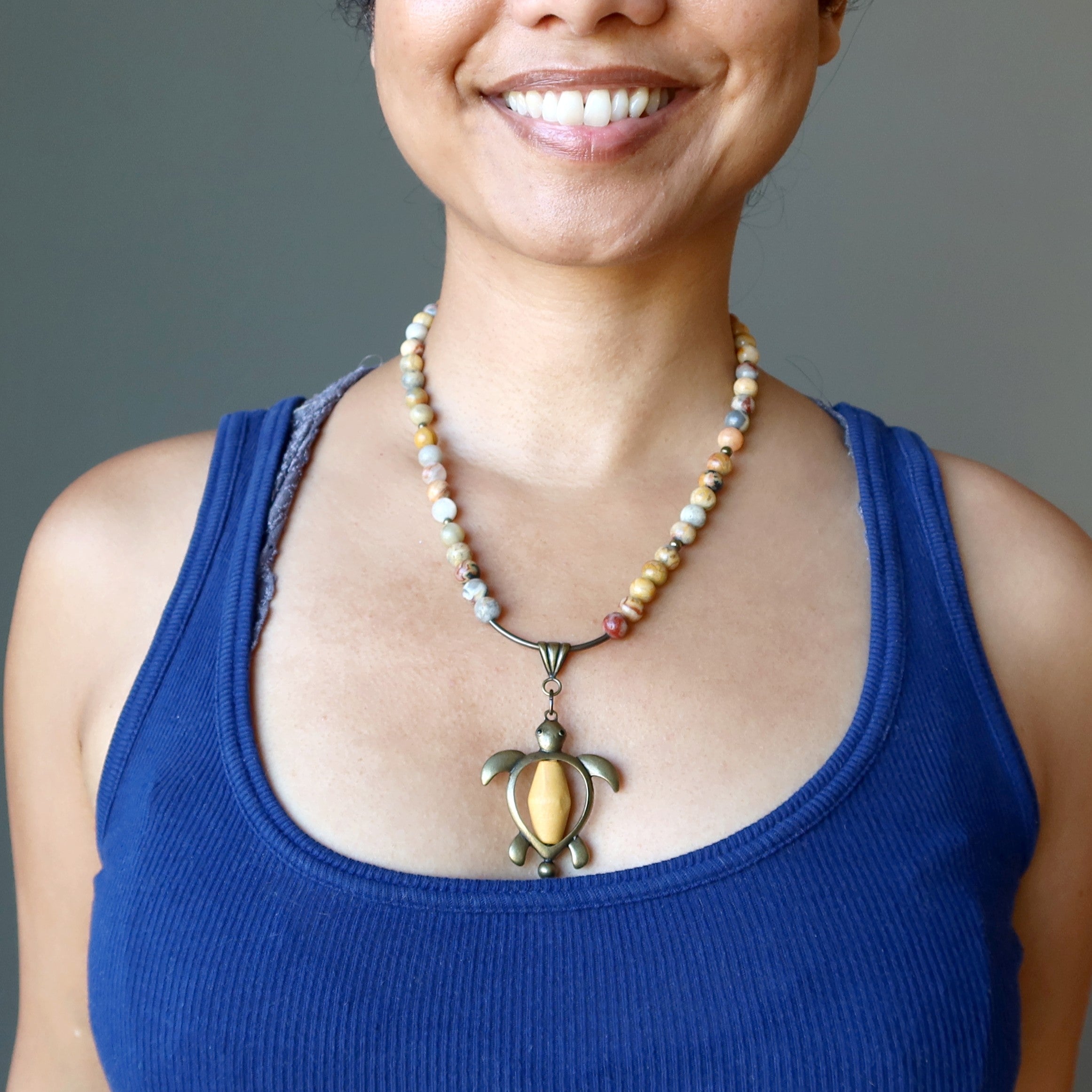 Crazy Lace Agate Necklace Yellow Turtle Wood Brass