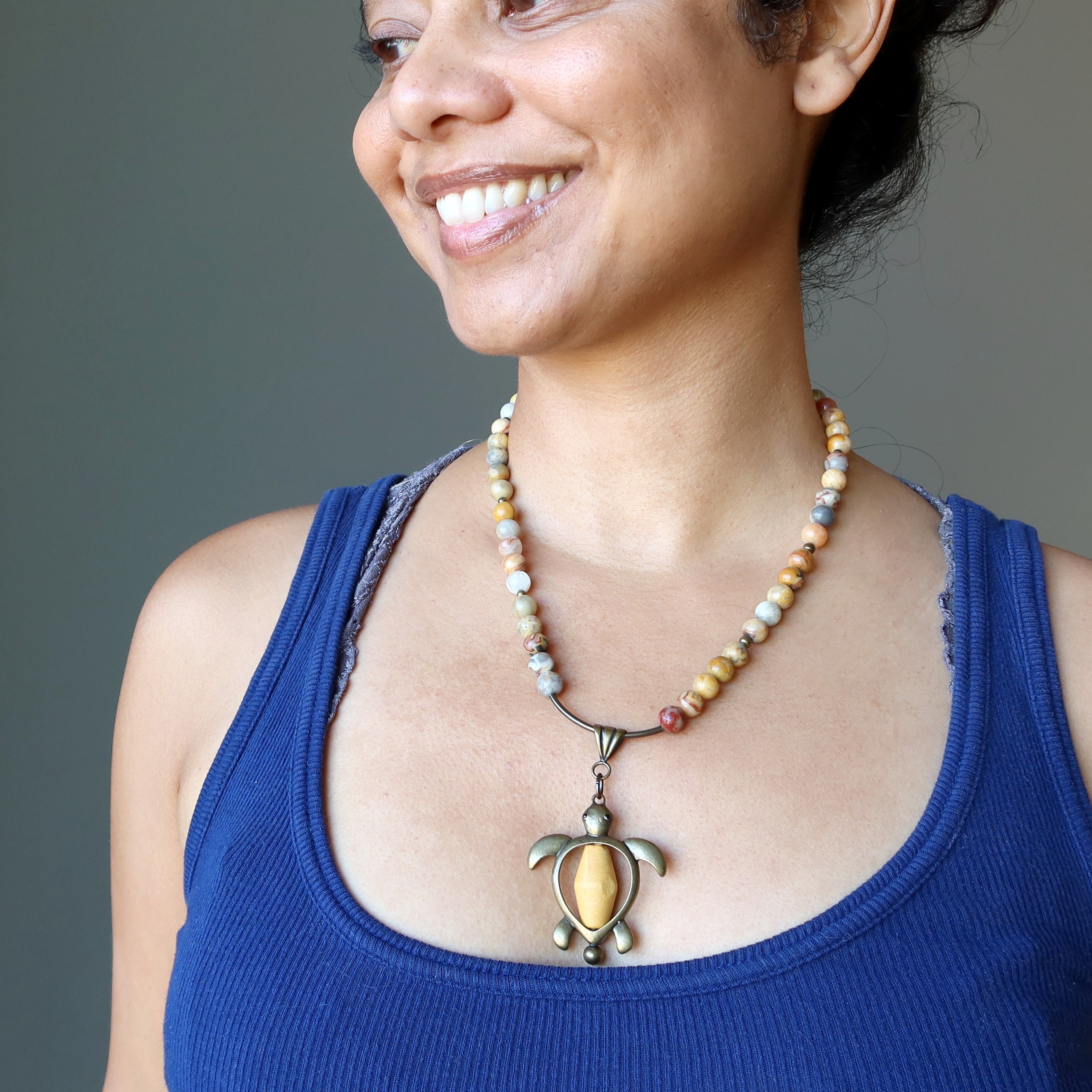 Crazy Lace Agate Necklace Yellow Turtle Wood Brass