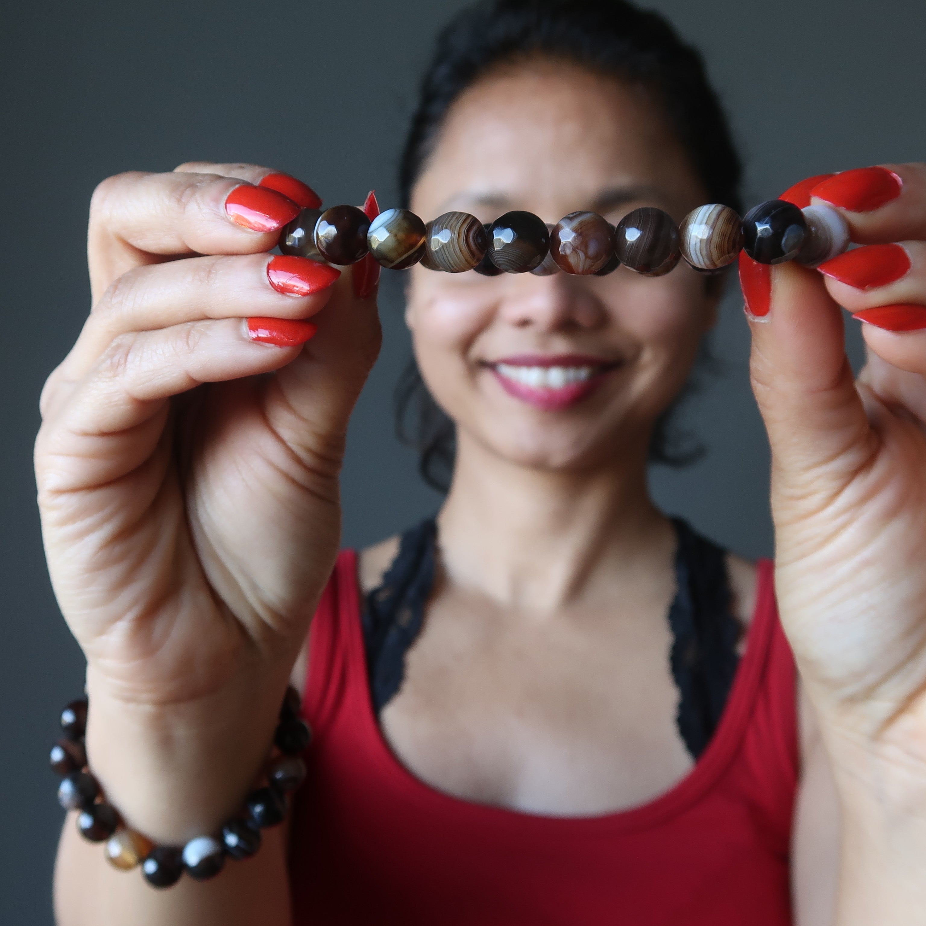 Bracelet Agate Café Perles Facettées Rayées Gemme Boost d'Énergie