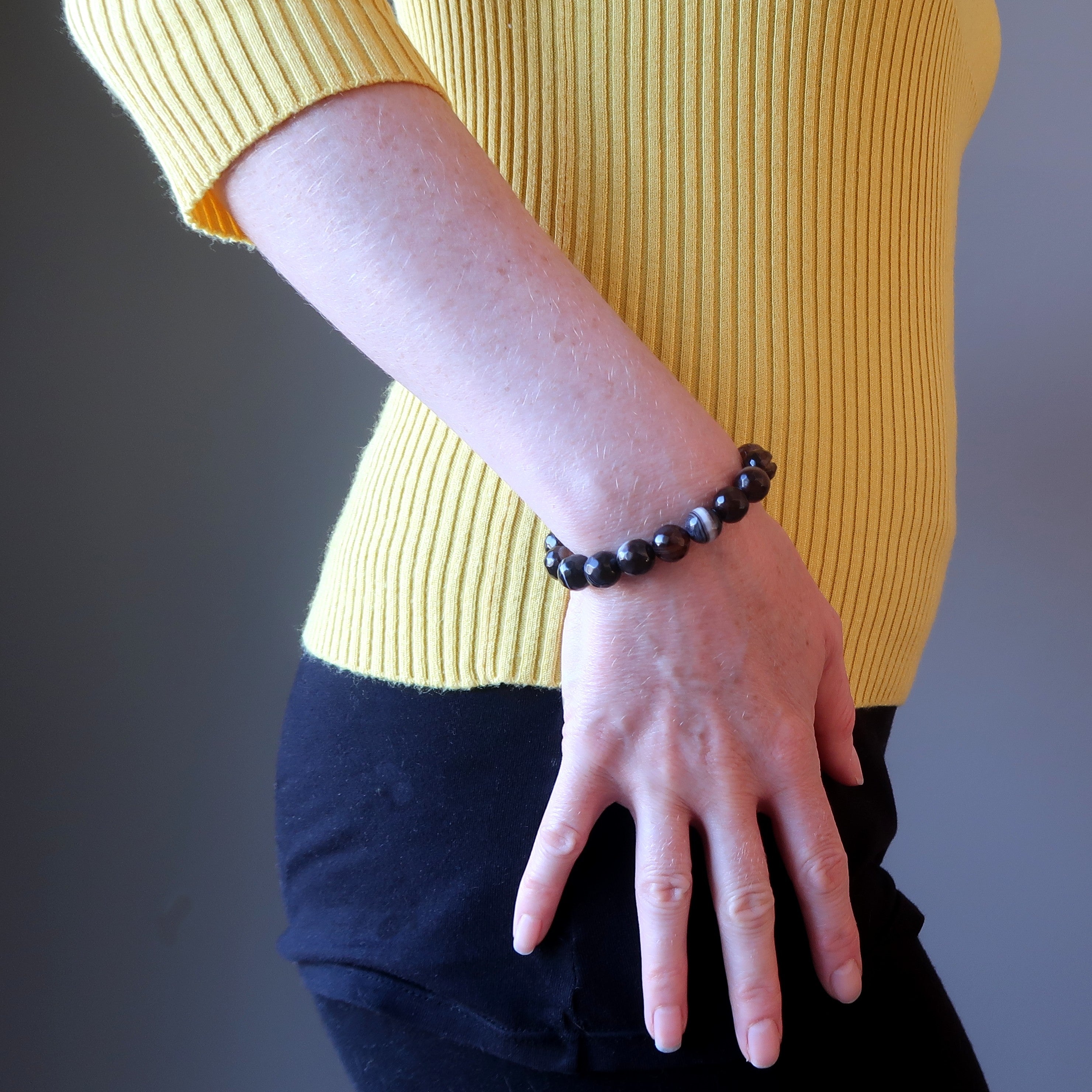 Bracelet Agate Café Perles Facettées Rayées Gemme Boost d'Énergie