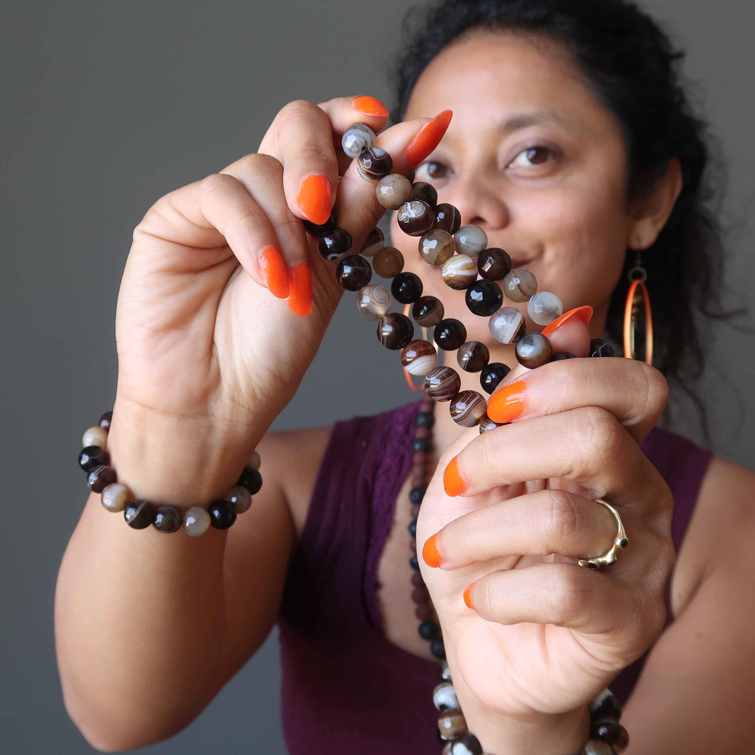 Bracelet Agate Café Perles Facettées Rayées Gemme Boost d'Énergie