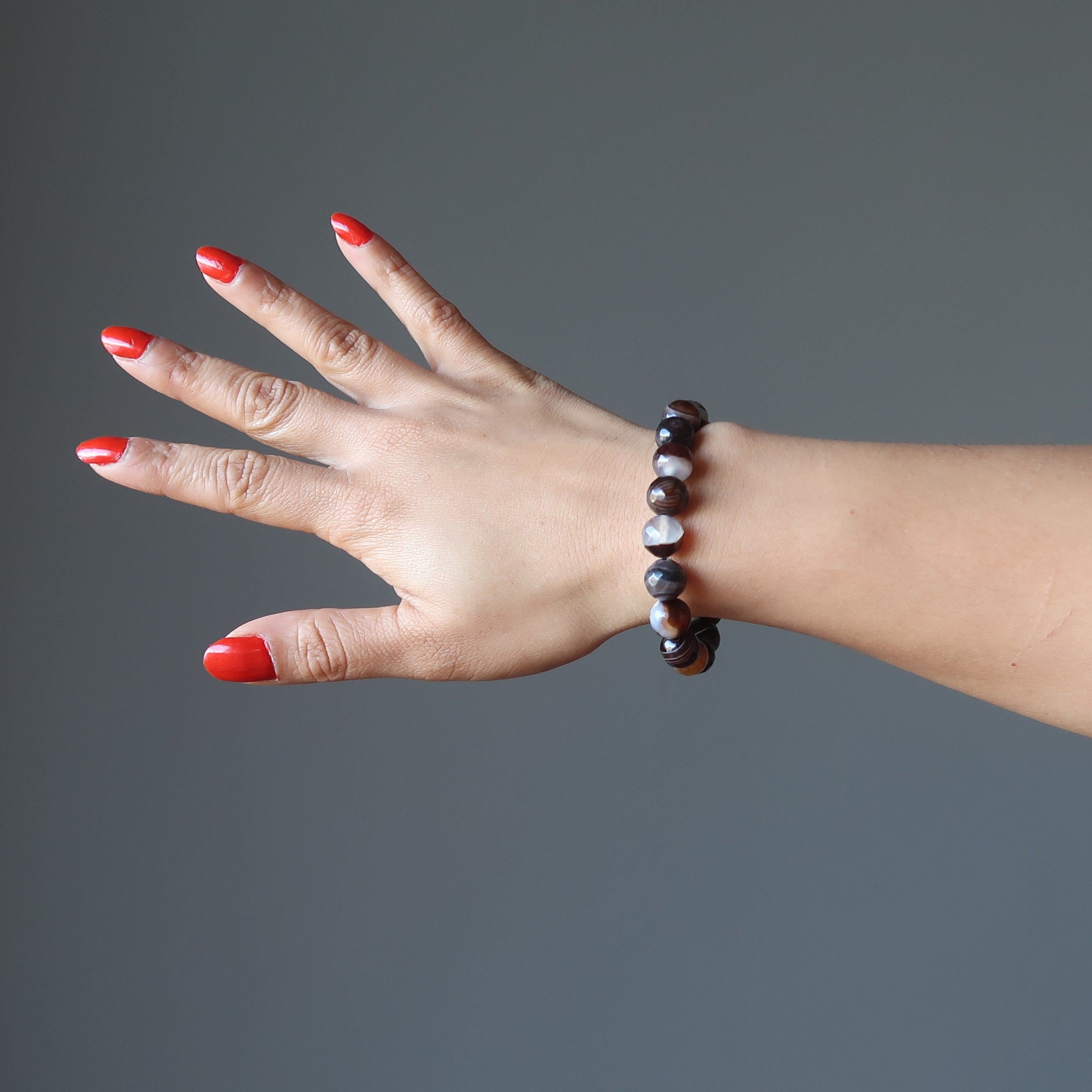 Bracelet Agate Café Perles Facettées Rayées Gemme Boost d'Énergie