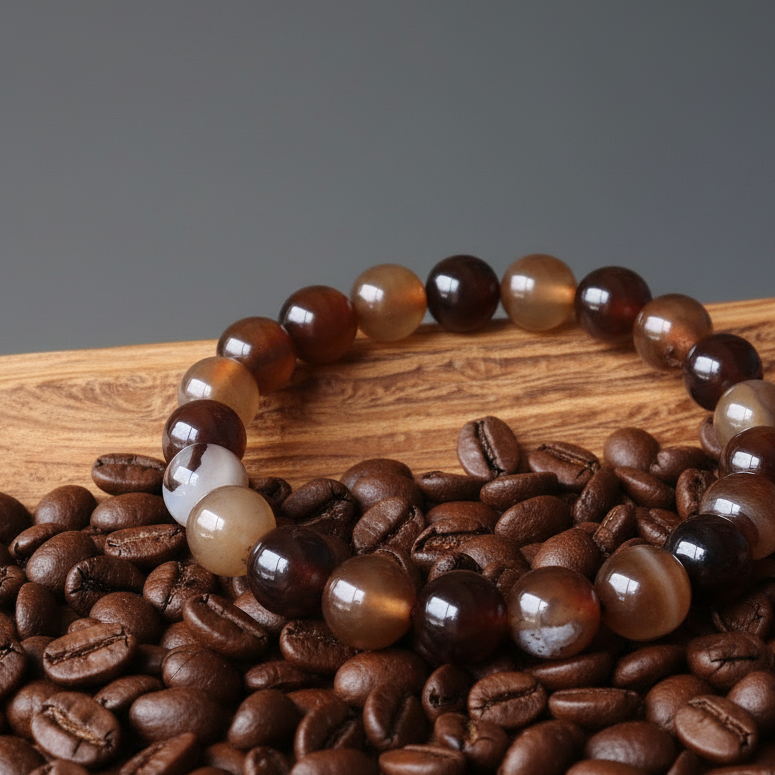 Kaffee-Achat-Armband, gebänderte Perlen, Morgenmensch