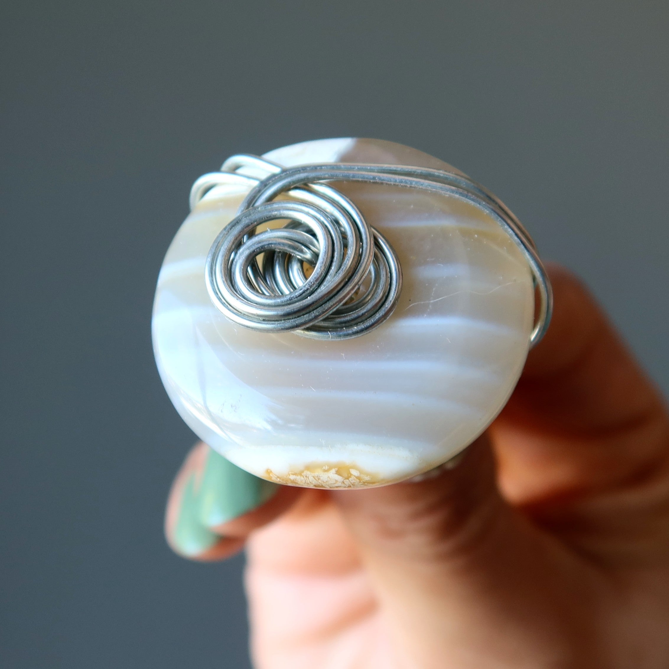 White Agate Ring Big Style Statement Silver Size 7.25