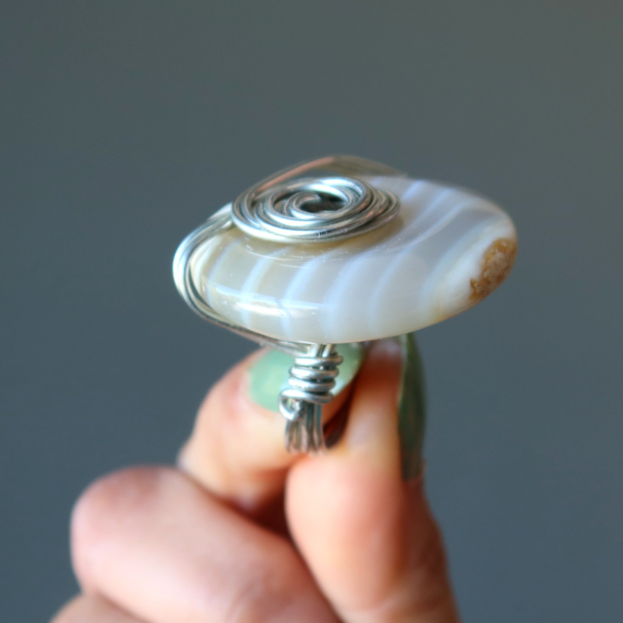 White Agate Ring Big Style Statement Silver Size 7.25
