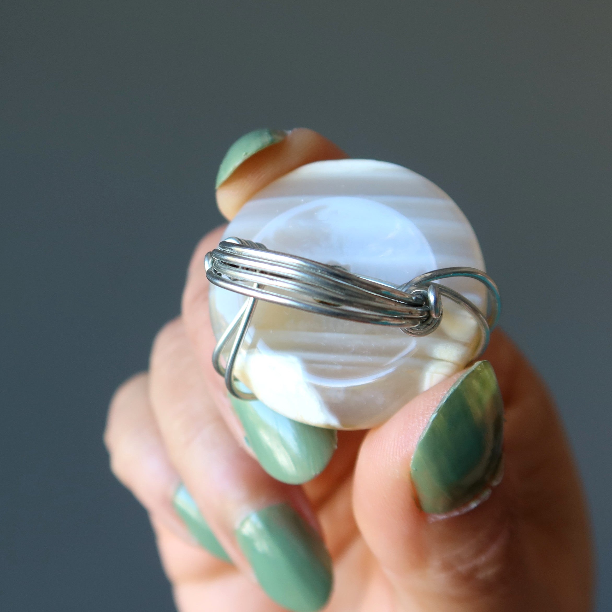 White Agate Ring Big Style Statement Silver Size 7.25