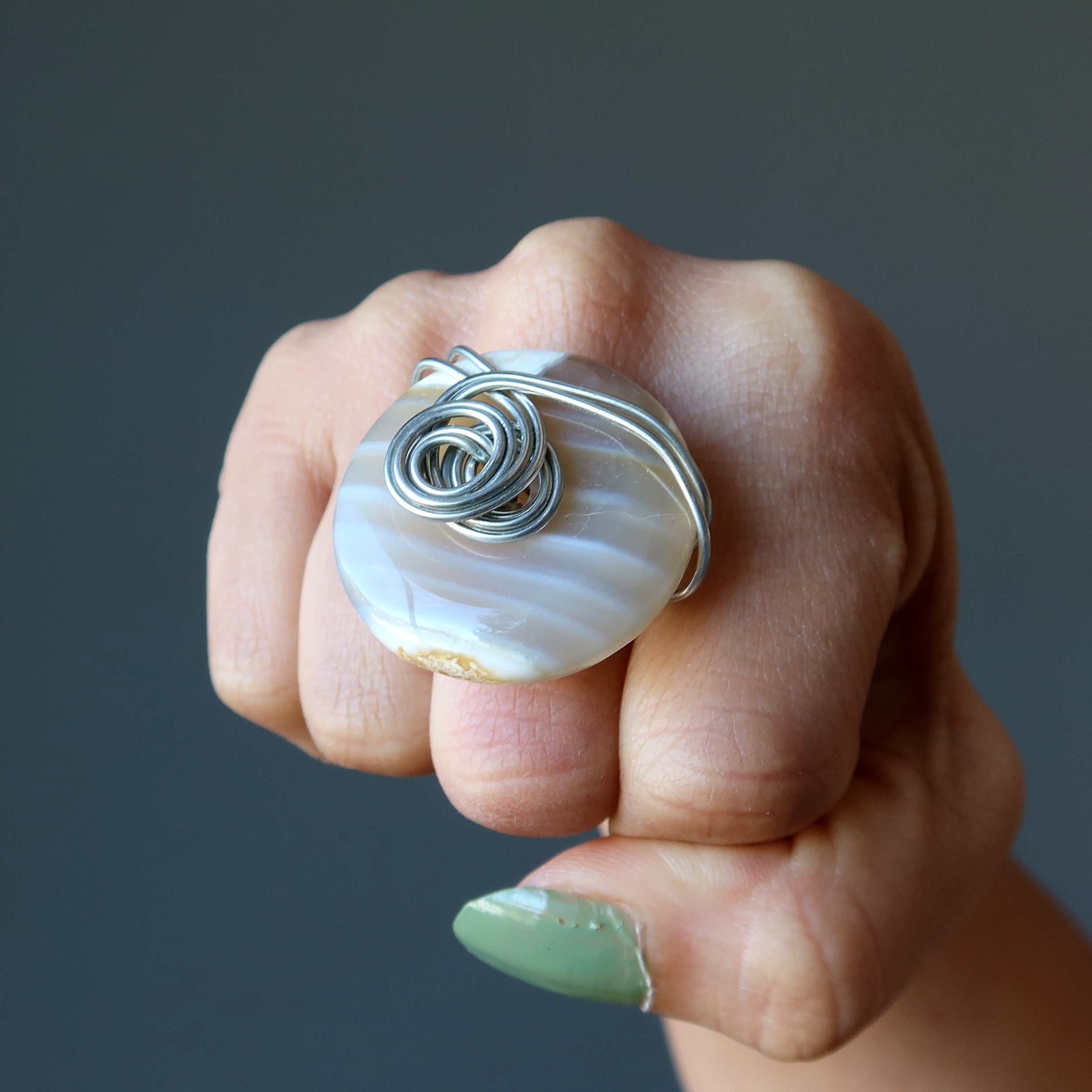 White Agate Ring Big Style Statement Silver Size 7.25