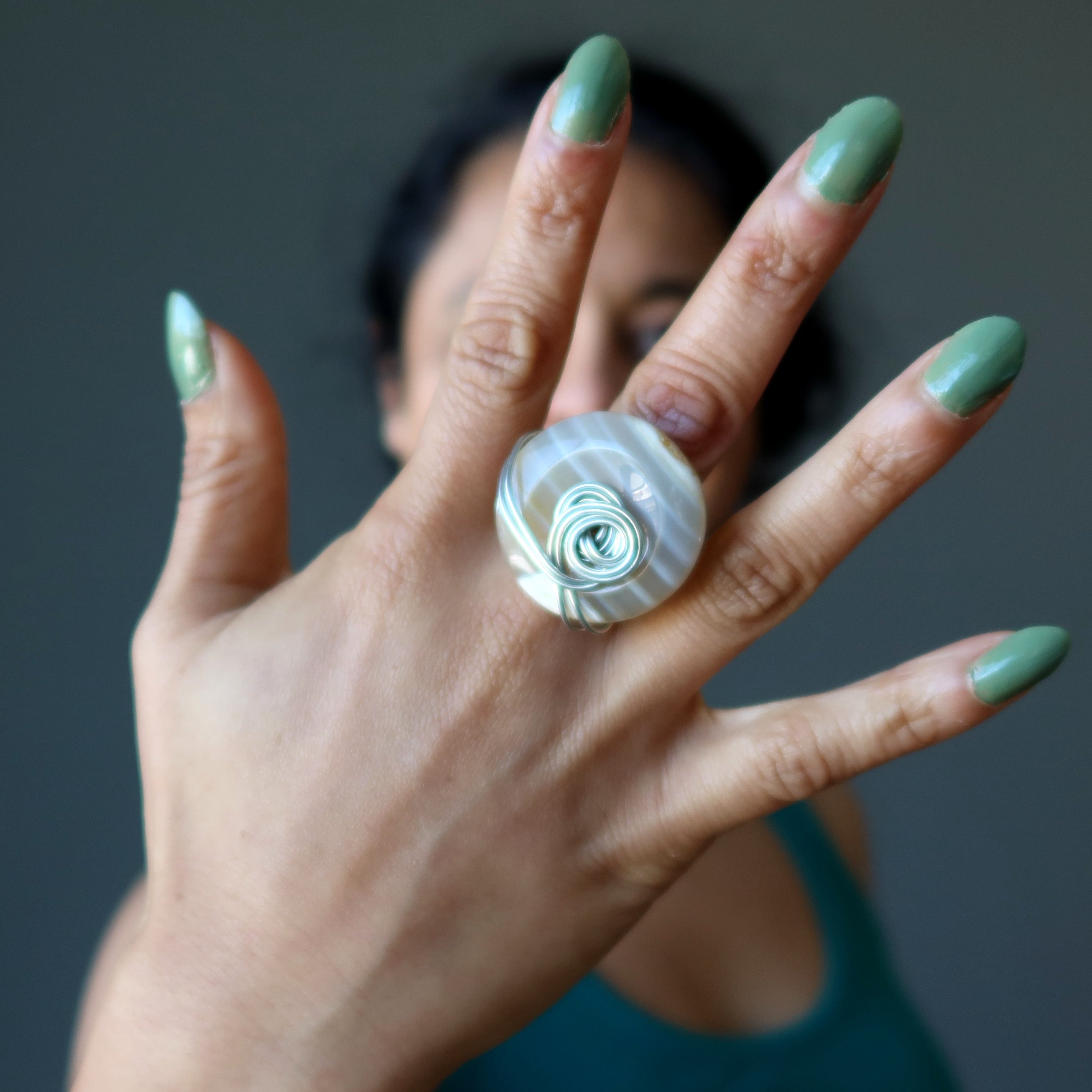 White Agate Ring Big Style Statement Silver Size 7.25
