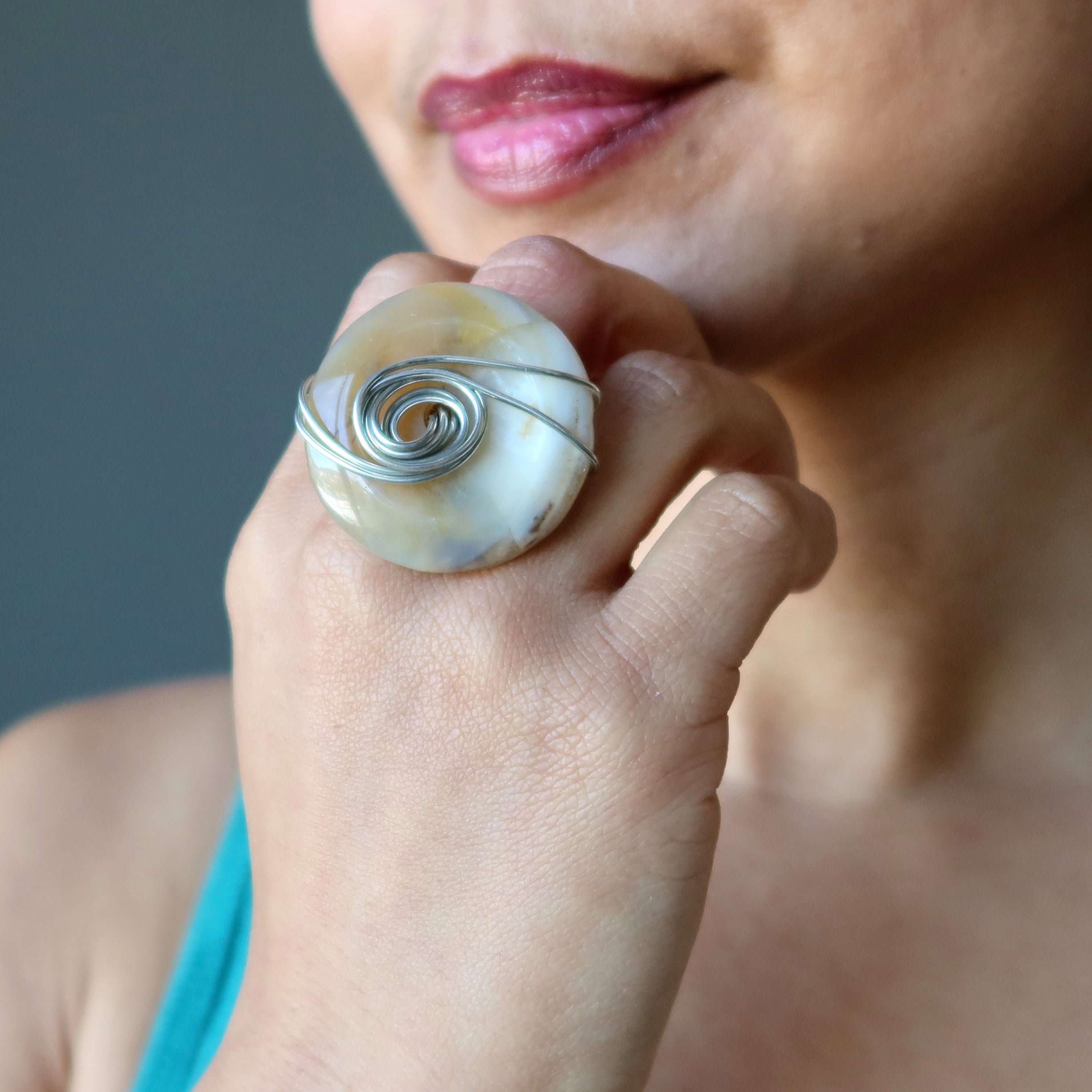 Yellow Agate Ring Healing Crystal Silver Wire Size 6.5