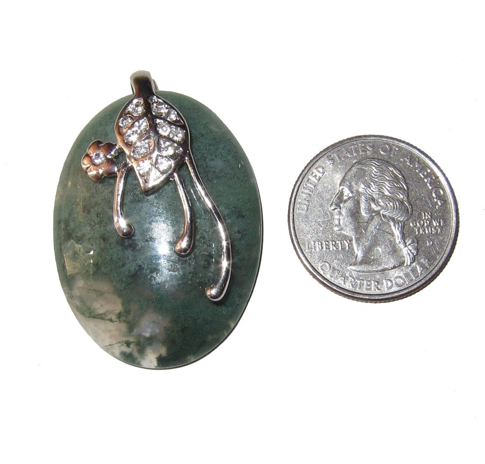 Moss Agate Pendant Clear Green Oval Crystal Silver Flower Leaf Design
