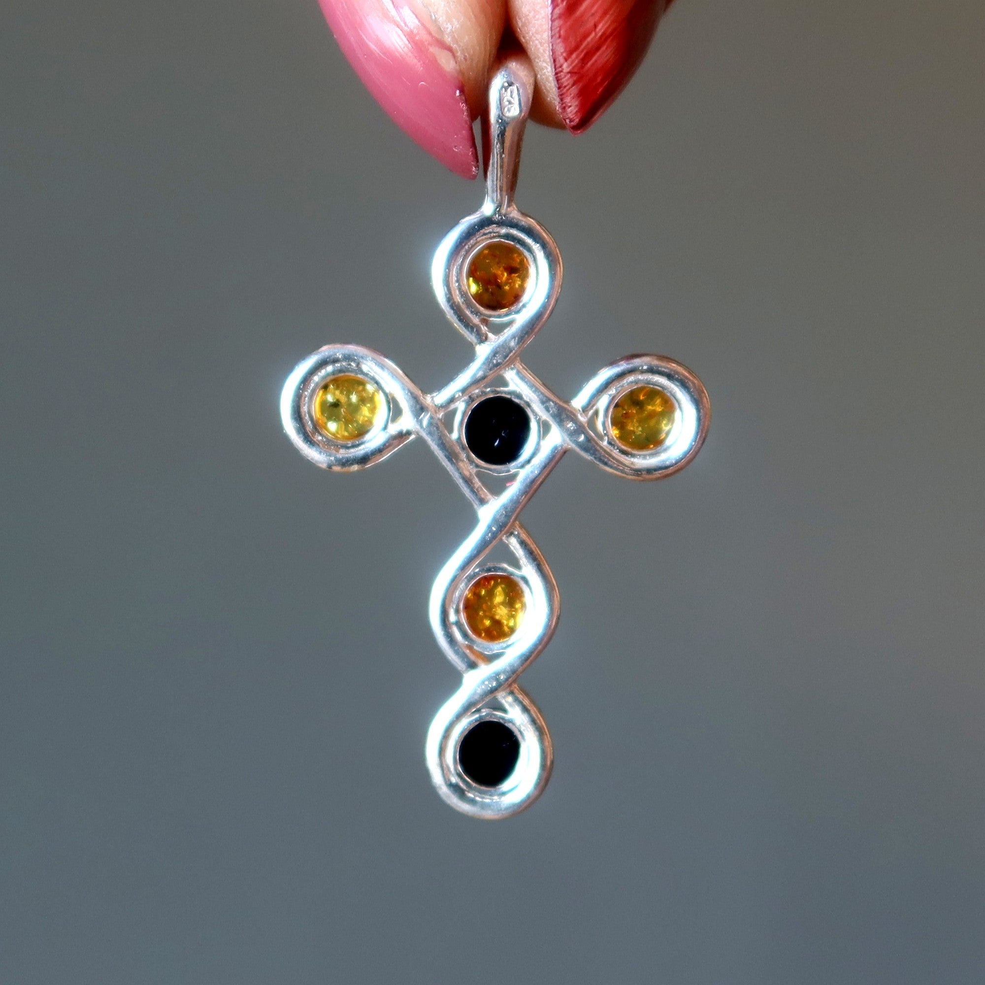Amber Pendant Cross Happy Baltic Sterling Silver