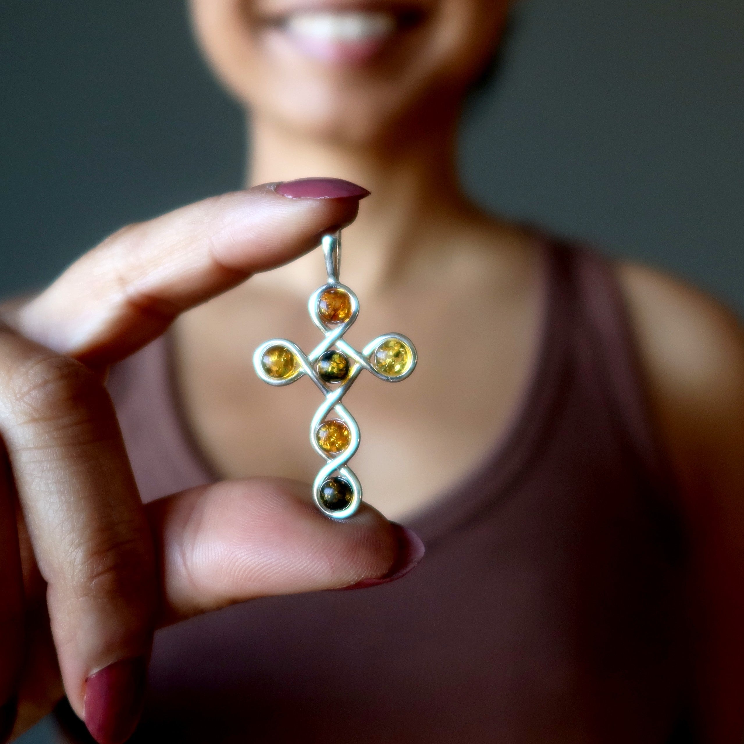 Amber Pendant Cross Happy Baltic Sterling Silver