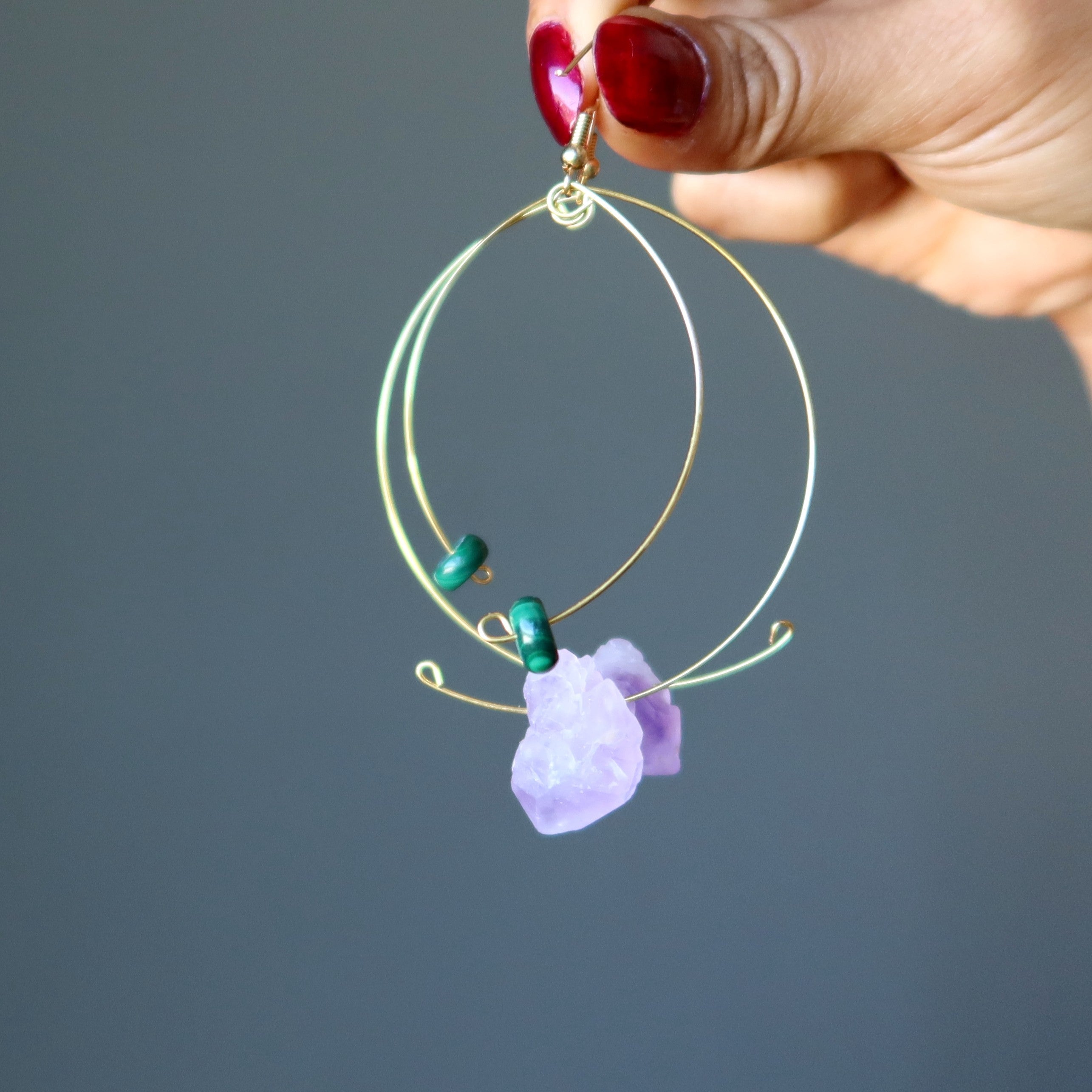 Amethyst Earrings Malachite Modern Royalty Gem