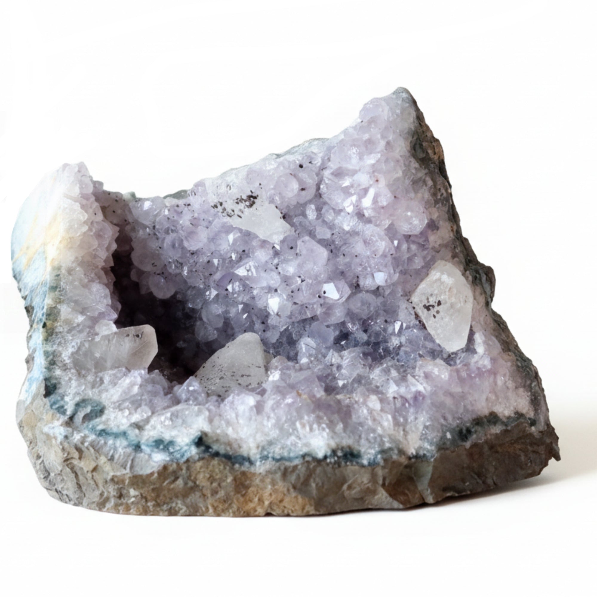 Sculpture de 8 pouces en cristal sacré géode d'améthyste et calcite dent de chien
